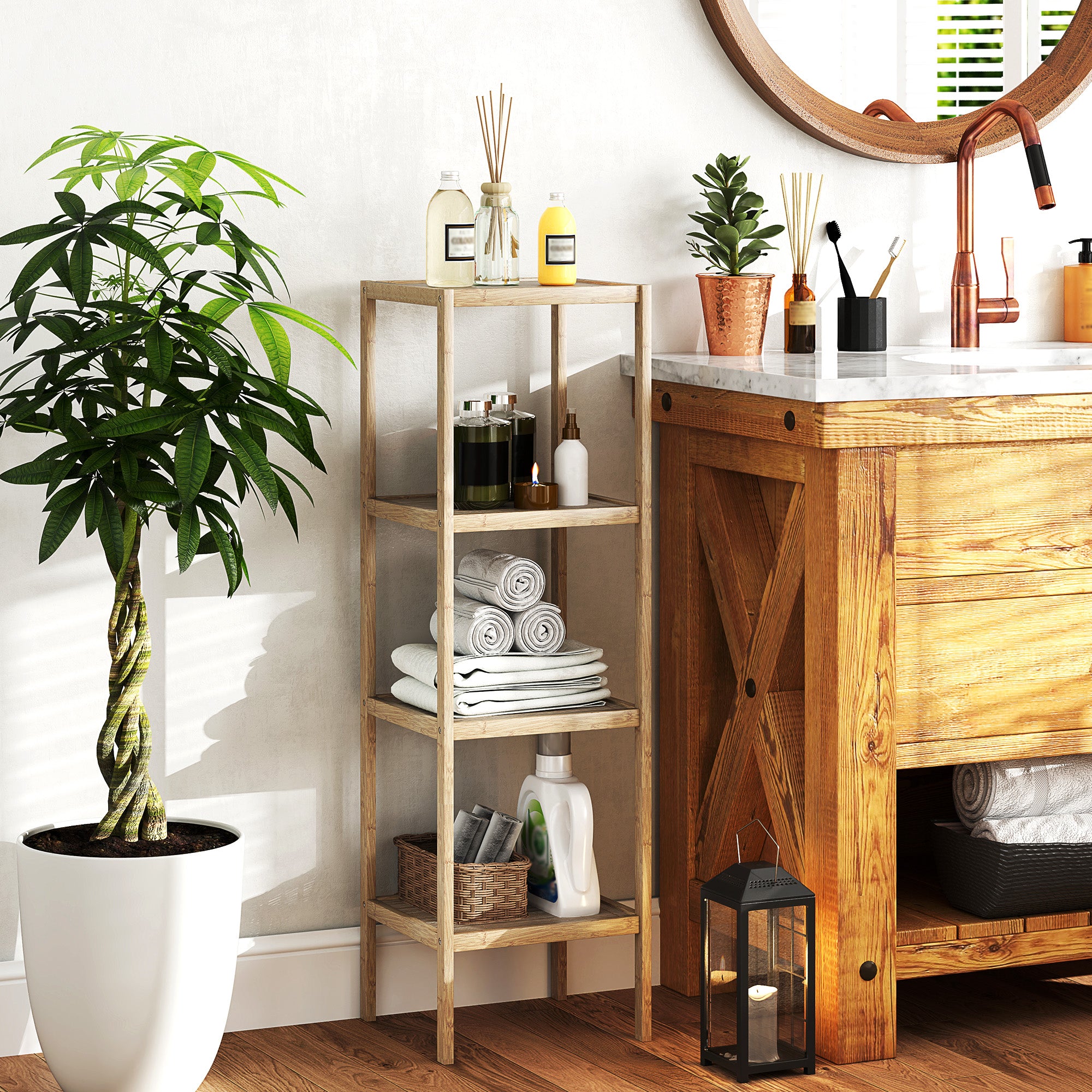 HOMCOM 4-Tier Bamboo Bathroom Storage Shelves, Freestanding Storage Shelving Unit, Multifunctional Display Plants Stand Shelf Rack Organiser, Natural - North Peak Garden Furniture