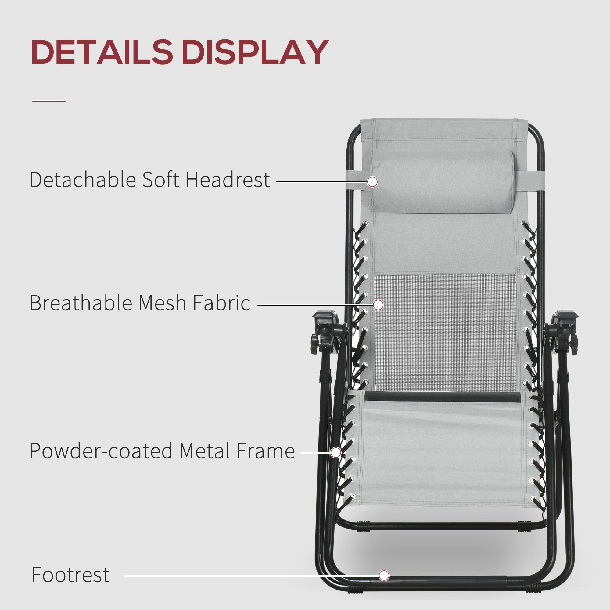 Outsunny Garden Recliner Chairs Set of 2, Outdoor Foldable Zero Gravity Chairs Set w/ Footstool and Detachable Headrest, Grey - North Peak Garden Furniture