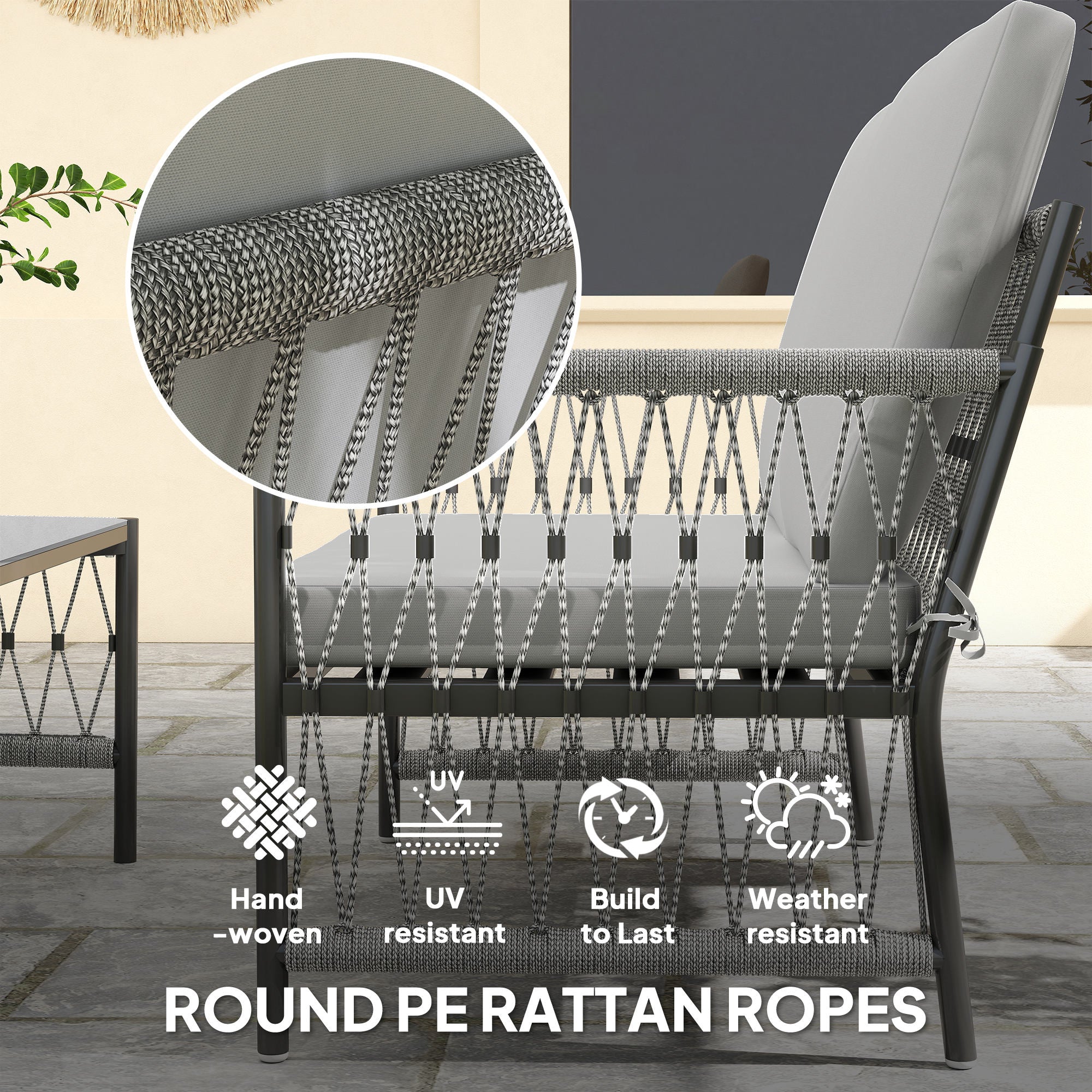 Outsunny 4 Piece Rattan Garden Furniture Set, 4 Seater Wicker Patio Conversation Set with 2 Armchairs, Loveseat, Glass Top Coffee Table and Cushions for Outdoor, Balcony, Grey - North Peak Garden Furniture