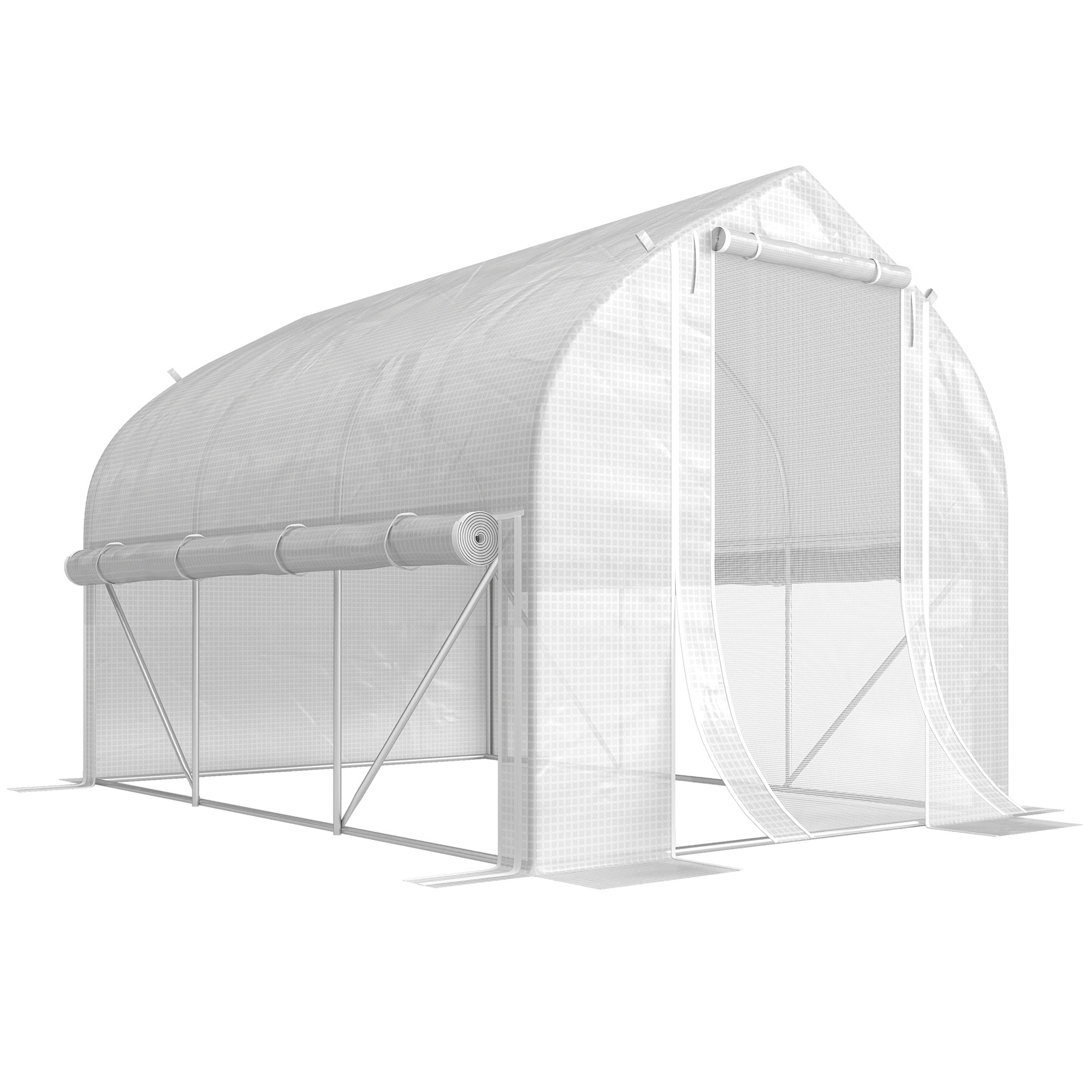 Outsunny 3 x 2(m) Walk-in Polytunnel Greenhouse, Zipped Roll Up Sidewalls, Mesh Door, 6 Mesh Windows, Tunnel Warm House Tent with PE Cover, Complimentary Plant Labels and Gloves, White