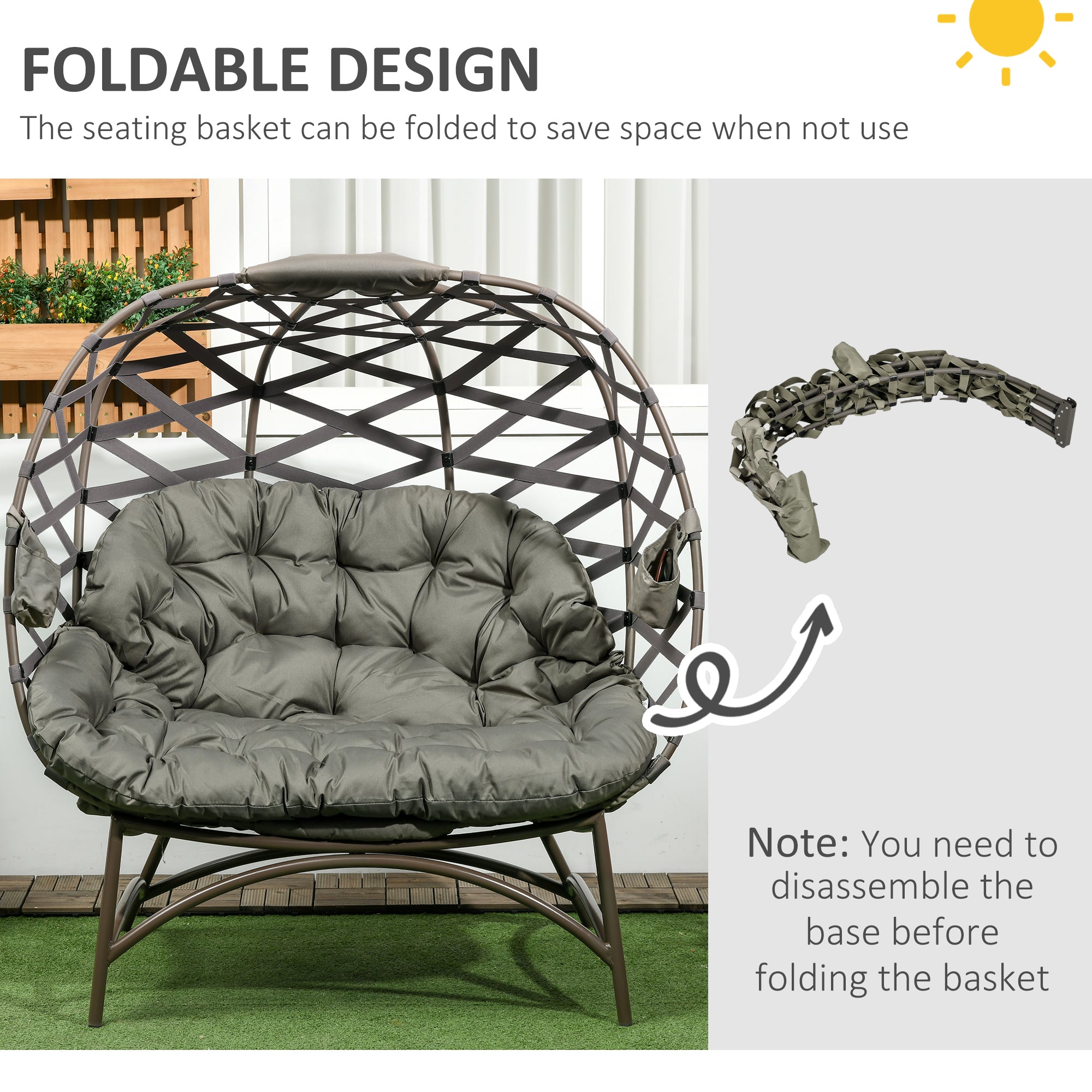Outsunny 2 Seater Egg Chair Outdoor, Folding Weave Garden Furniture Chair with Cushion, Cup Pockets - Sand Brown - North Peak Garden Furniture