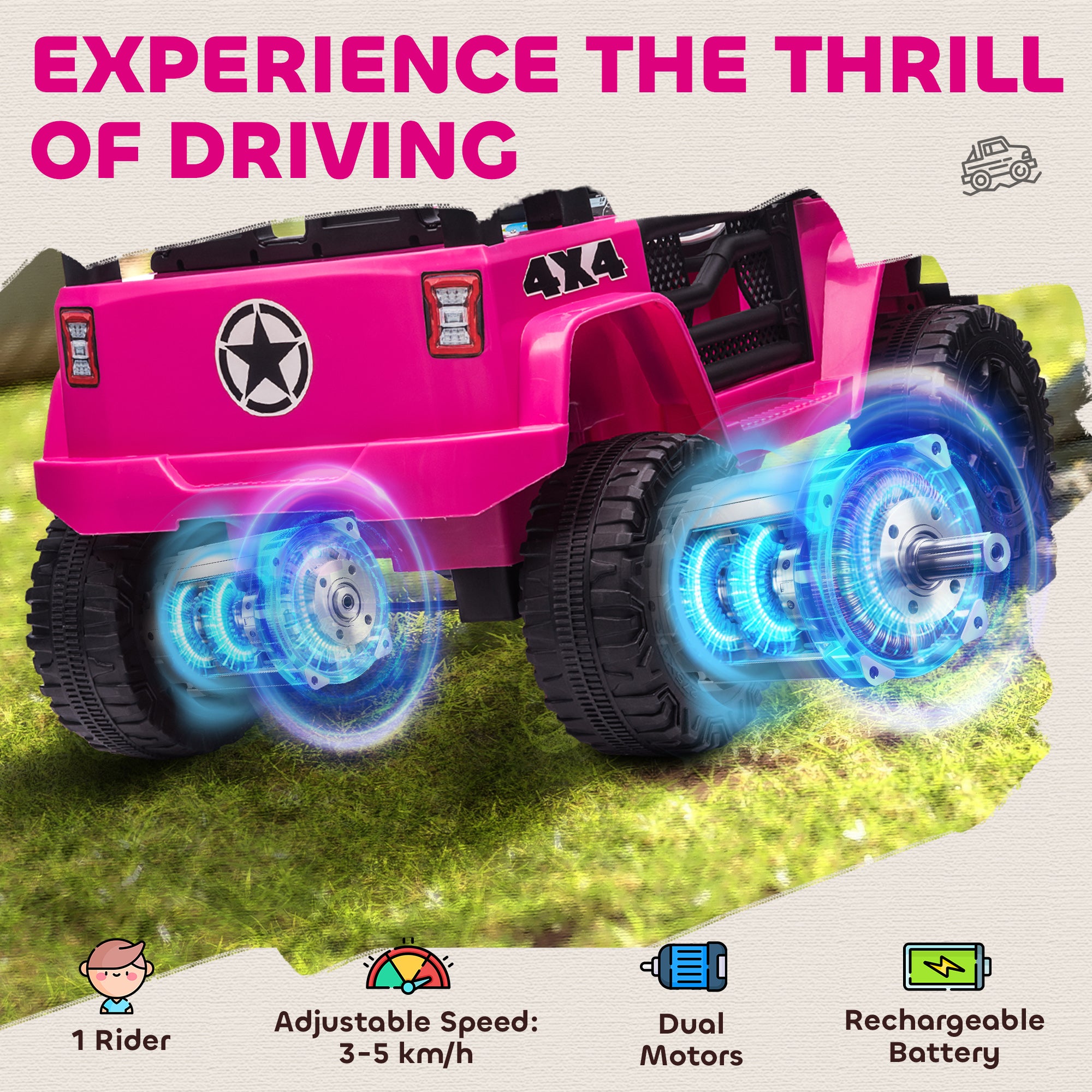 HOMCOM Kids Electric Ride On Car 12V Off Road Toy with Parental Remote Control 2 Motors Horn Lights Suspension Wheels for 3-6 Years Old Pink