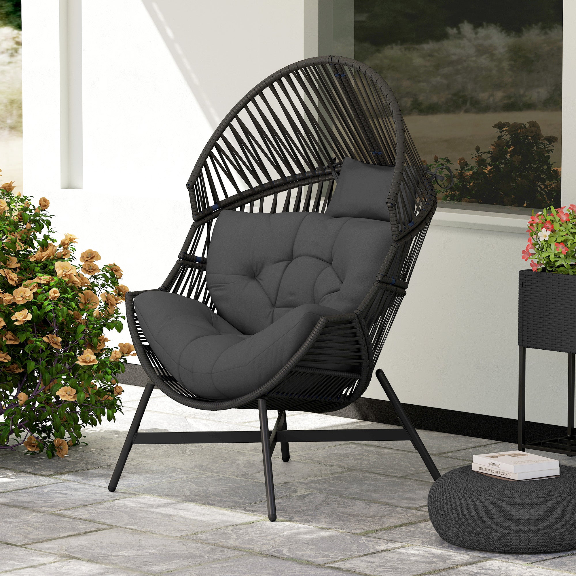 Outsunny Standing Rattan Egg Chair Outdoor, Oversized Wicker Garden Egg Chair with Thick Tufted Cushion, Headrest, Steel Frame, Charcoal Grey