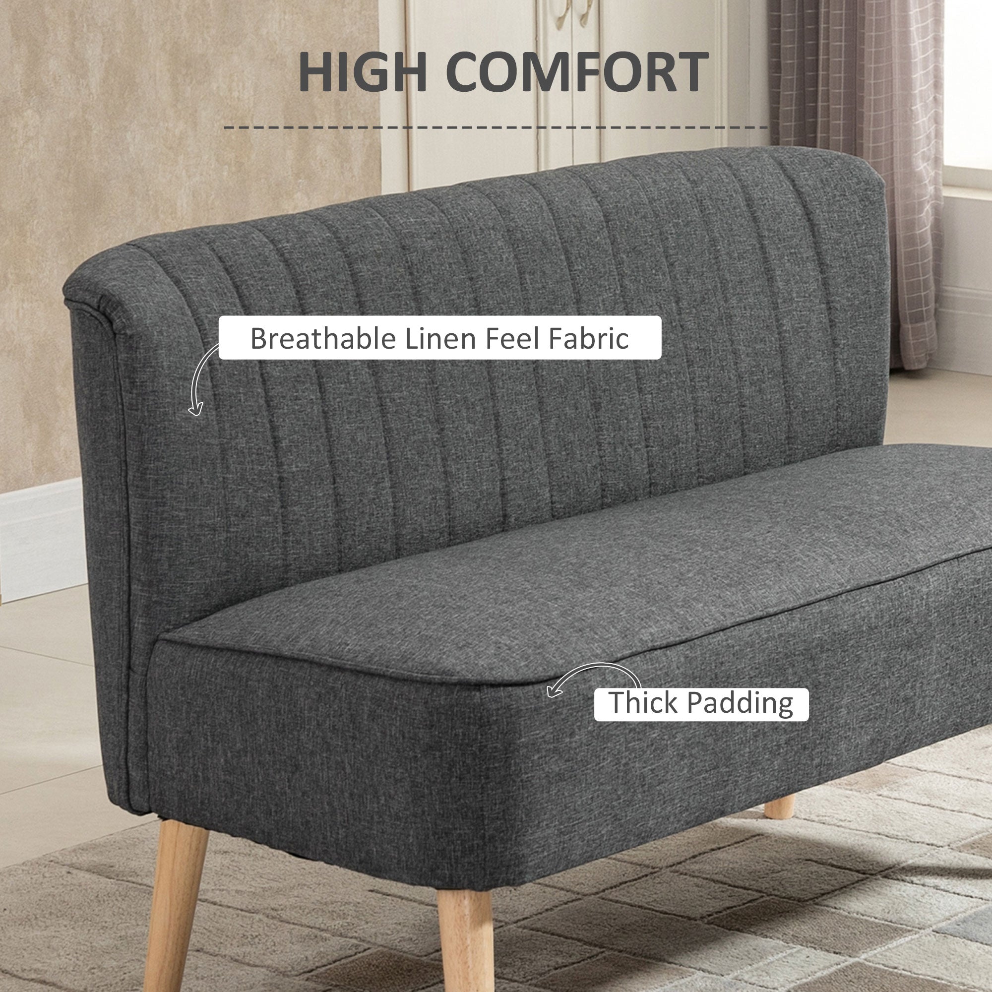 HOMCOM Modern Double Seat Sofa Loveseat Couch 2 Seater Compact Sofa Padded Linen Wood Leg Grey - North Peak Garden Furniture