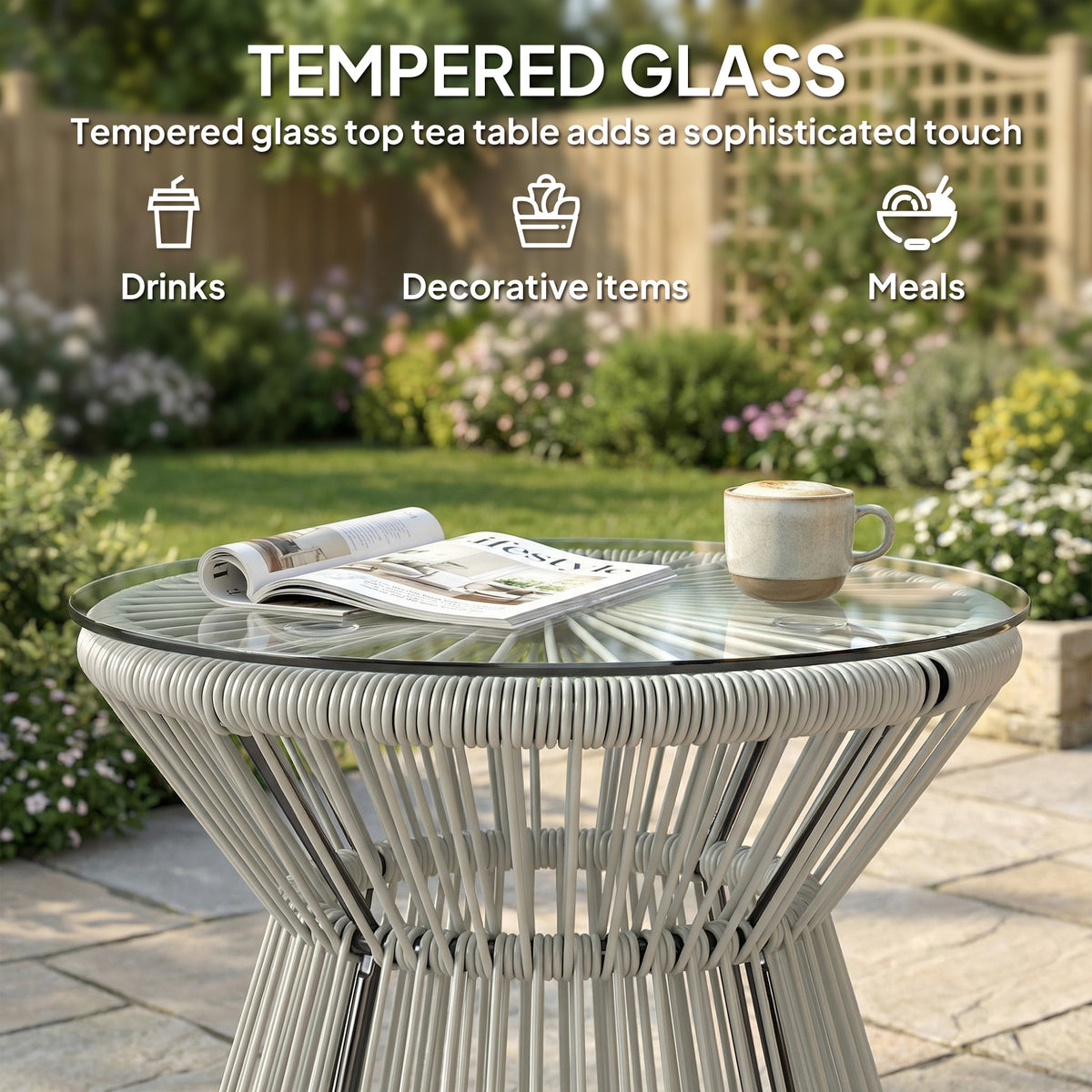 Outsunny Rattan Outdoor Coffee Table, PE Rattan Wicker Bistro Side Table with Tempered Glass Top, Light Grey