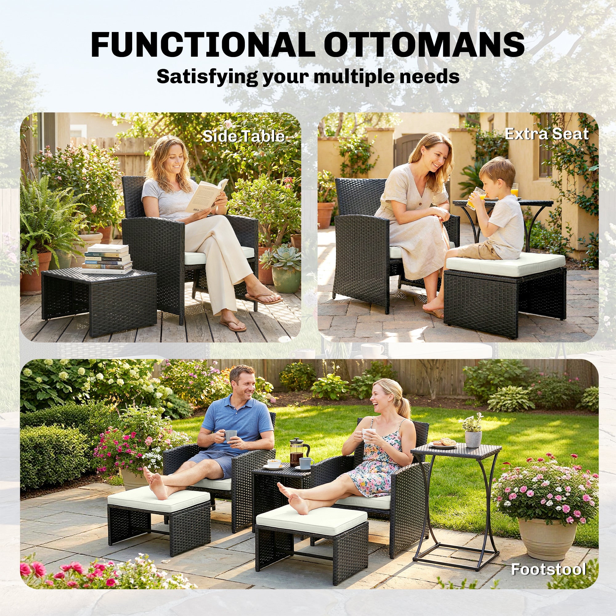 Outsunny 6 Piece Rattan Garden Furniture, Space-Saving Patio Furniture Set with Nesting Tables, Chairs, Stools, Cushions, Black