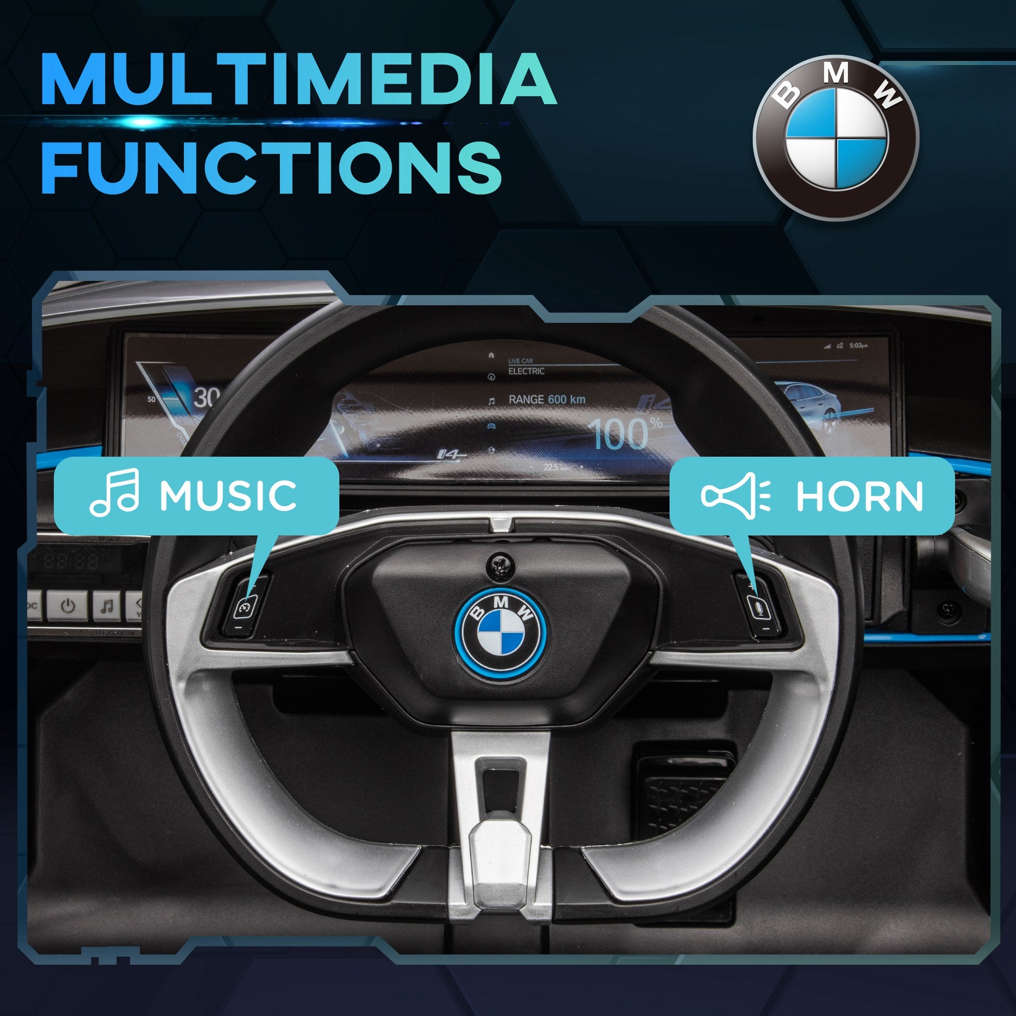 HOMCOM BMW i4 Licensed 12V Kids Electric Ride-On Car, with Remote Control, Portable Battery, Music, Horn, Headlights - Black - North Peak Garden Furniture