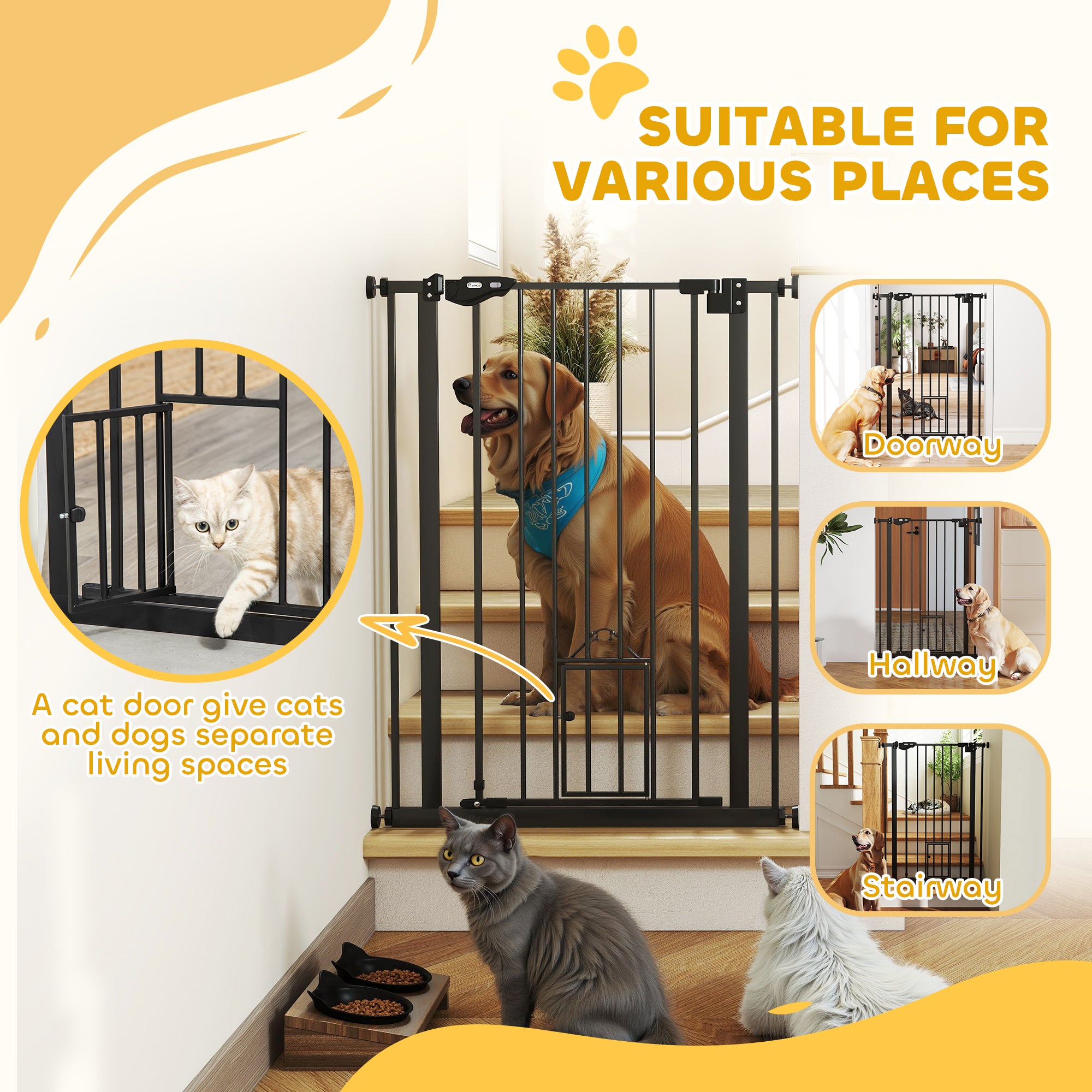 PawHut Extra Tall Pet Gate, Indoor Dog Safety Gate, with Cat Flap, Auto Close, 74-80cm Wide - Black - North Peak Garden Furniture