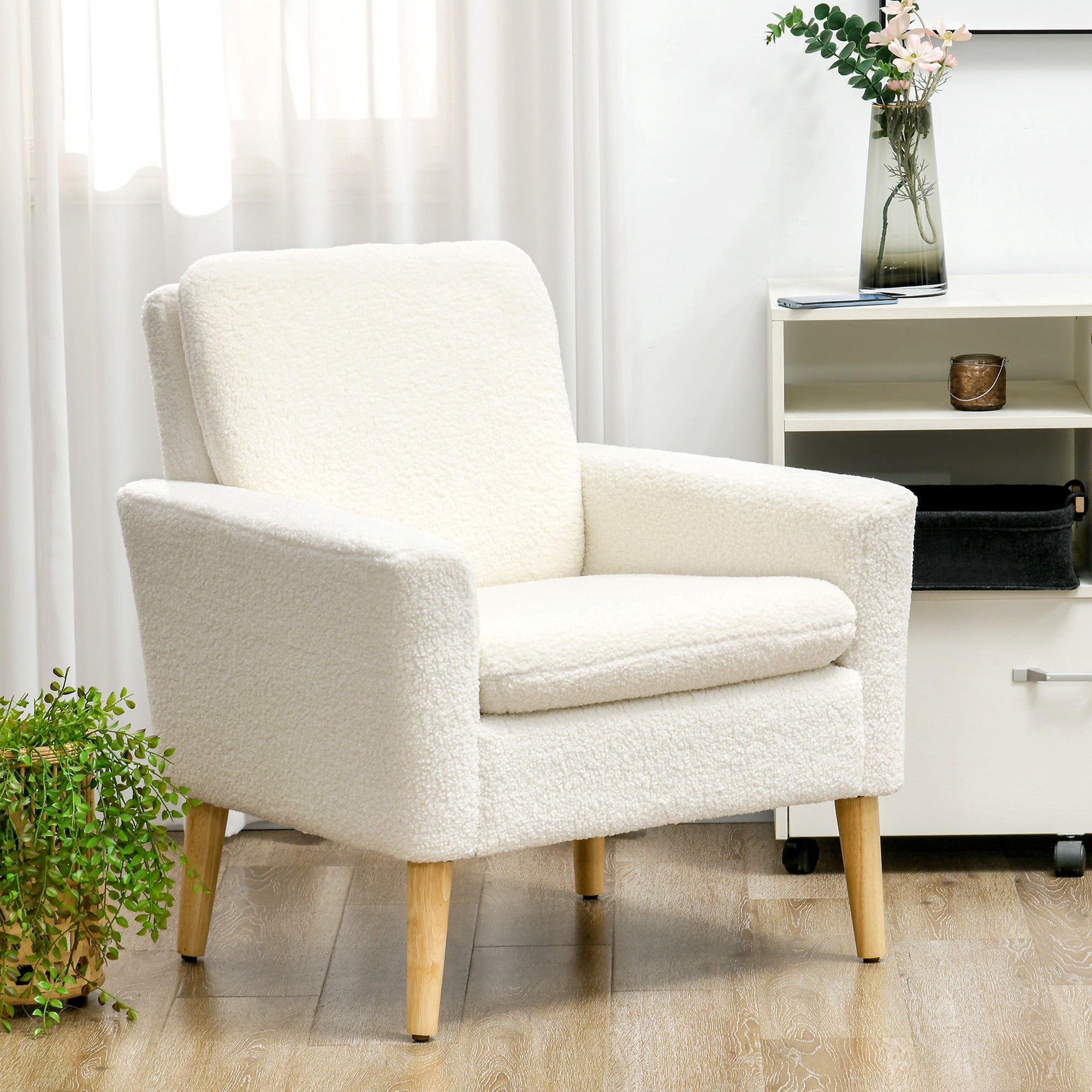 HOMCOM Armchair, Upholstered Accent Chair with Wood Legs and Wide Padded Seat, Teddy Occasional Chair, Cream White - North Peak Garden Furniture