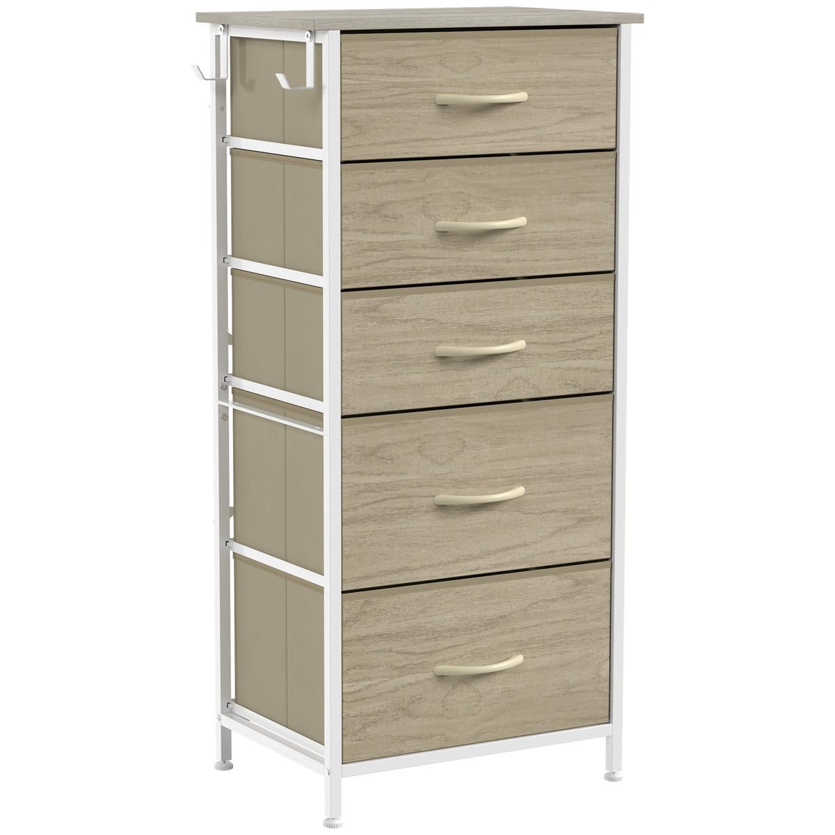 HOMCOM Chest of Drawers, Dresser with 5 Fabric Drawers, Tall Storage Unit with 4 Pockets and 2 Hooks Steel Frame, Natural Wood