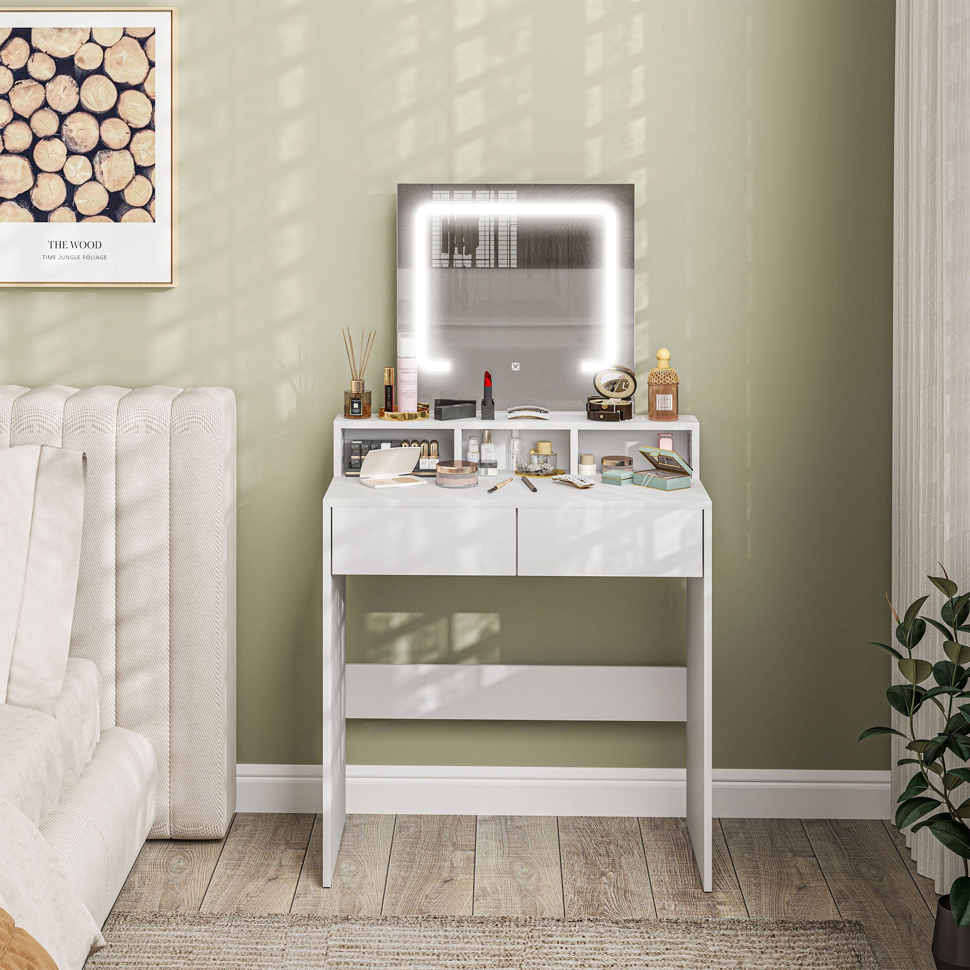 HOMCOM Dressing Table with Mirror and LED Lights, Vanity Table with 2 Drawers, 3 Compartments, 3 Colour Lighting, for Bedroom, Modern Dresser Makeup Desk for Women and Girls, White - North Peak Garden Furniture