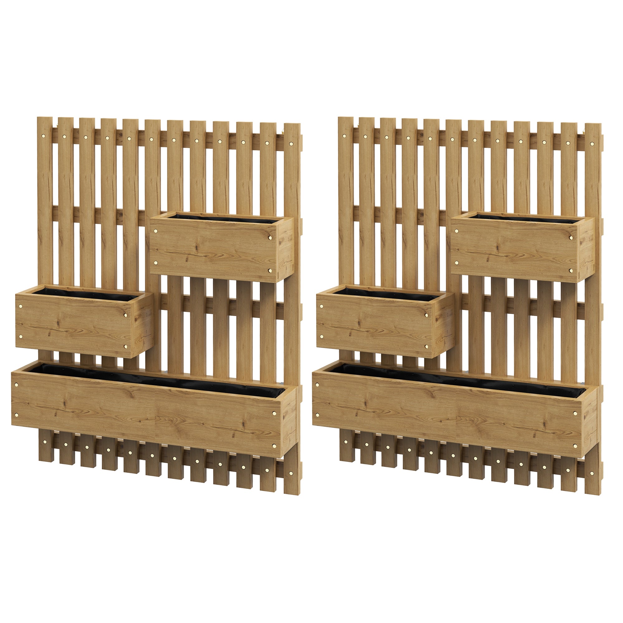 Outsunny Set of 2 Wall-mounted Wooden Garden Planters with Trellis, Drainage Holes and Movable Planter Boxes, Wall Raised Garden Bed for Patio, Carbonised - North Peak Garden Furniture