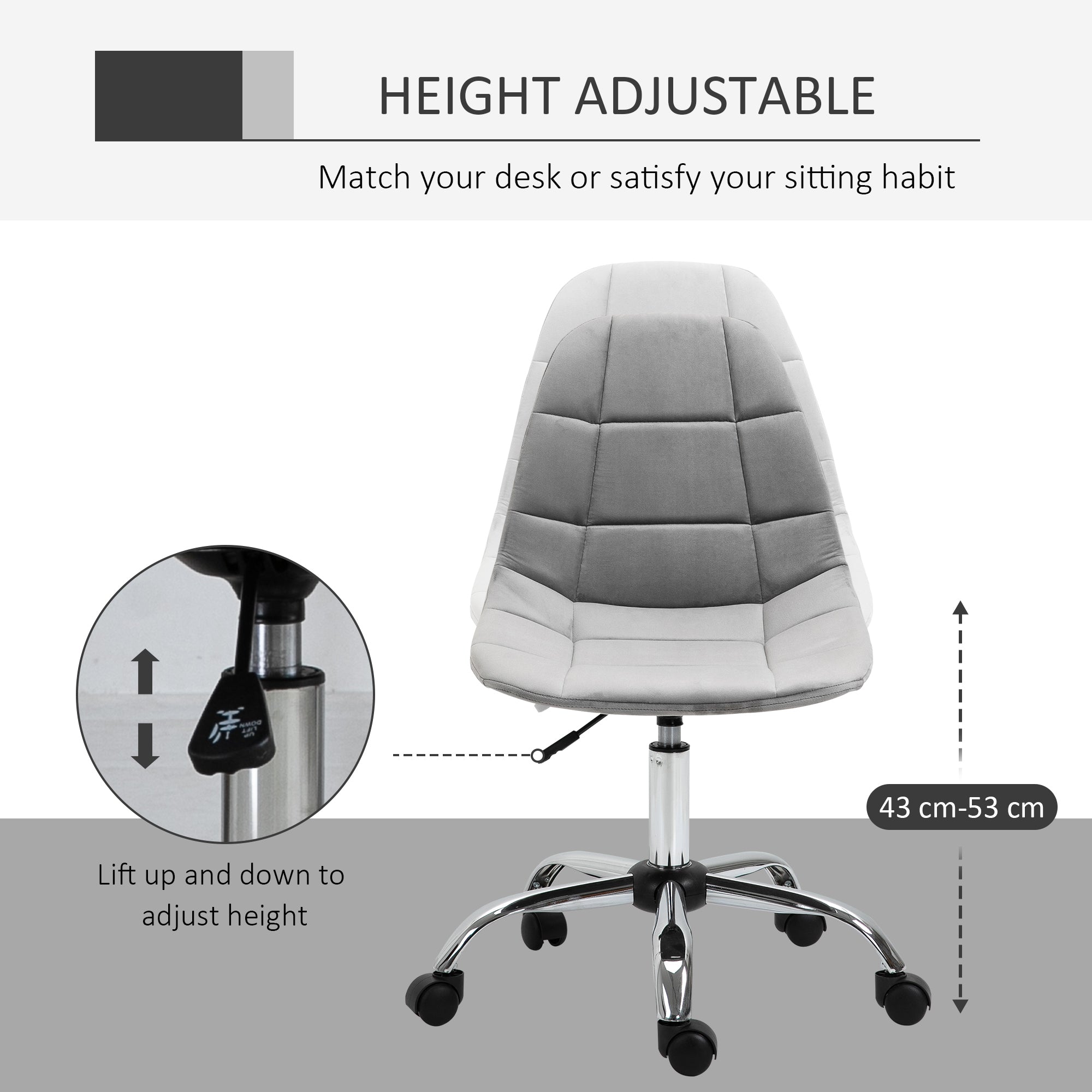 Vinsetto Ergonomic Office Chair with Adjustable Height and Wheels Velvet Executive Chair Armless for Home Study Bedroom Grey - North Peak Garden Furniture