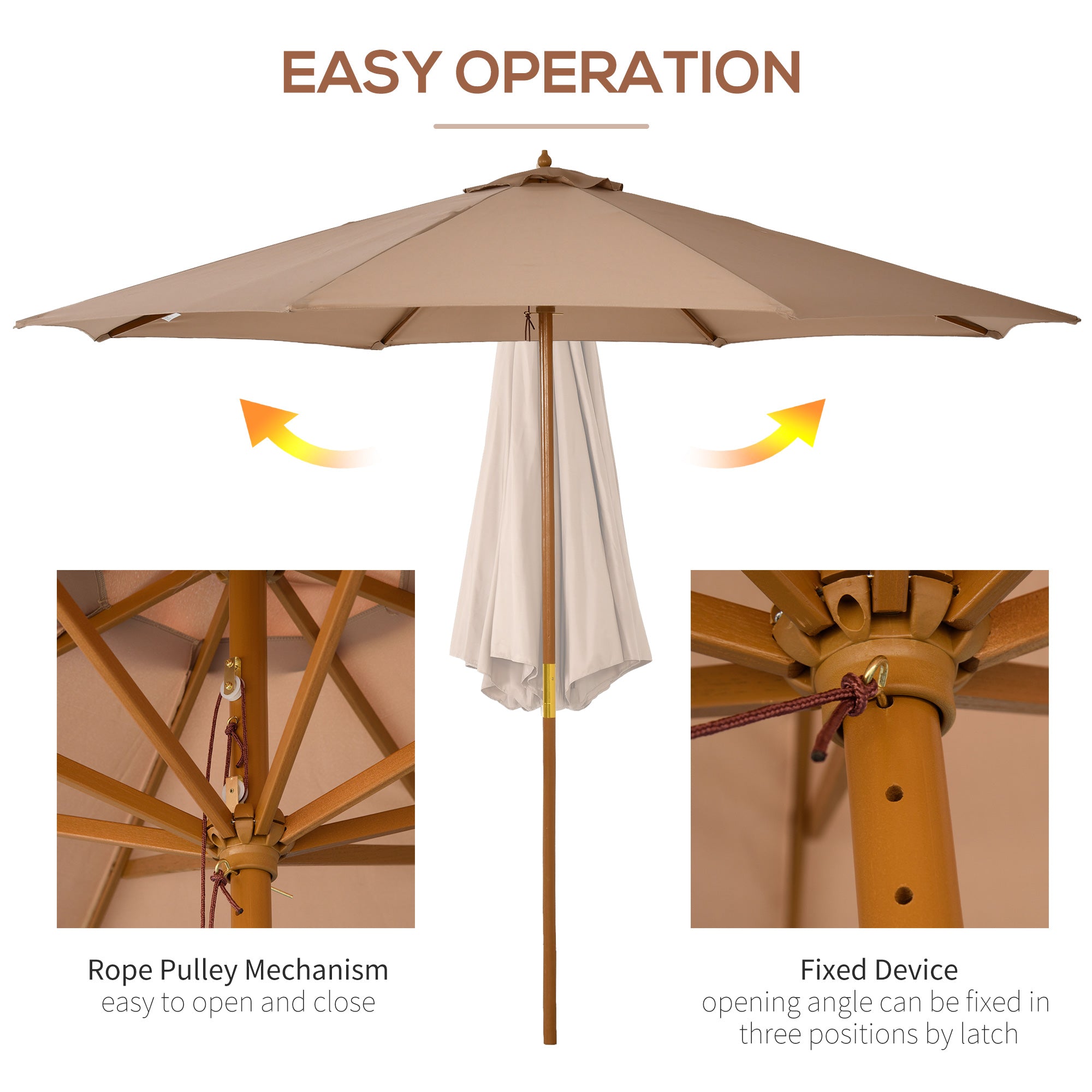 Outsunny 3(m) Garden Umbrella Wooden Parasol 8 Ribs Bamboo Sun Shade Patio Outdoor Umbrella Canopy Khaki - North Peak Garden Furniture