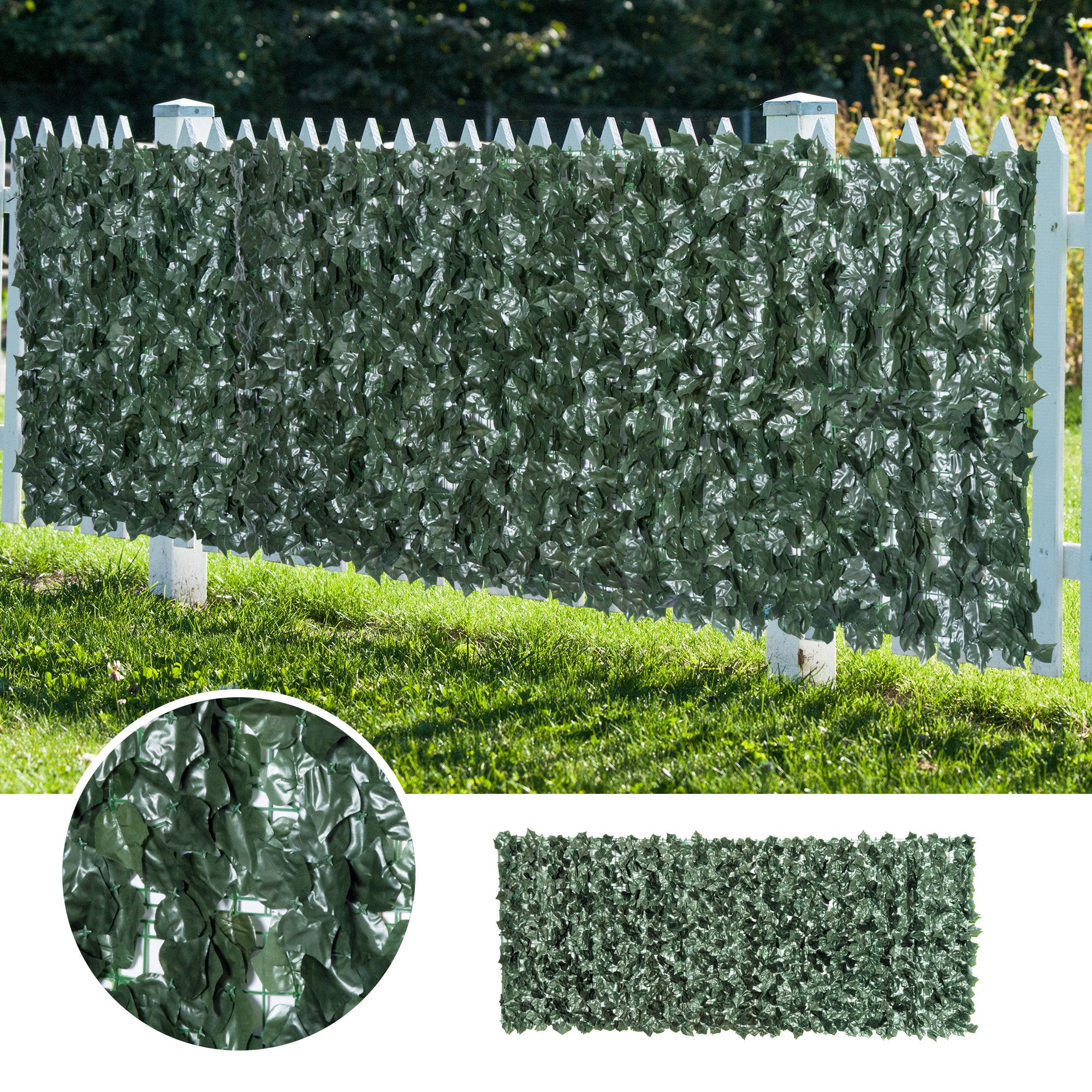 Outsunny 1-Piece Artificial Leaf Hedge Screen Privacy Fence Panel for Garden Outdoor Indoor Decor, Dark Green, 2.4M x 1M - North Peak Garden Furniture