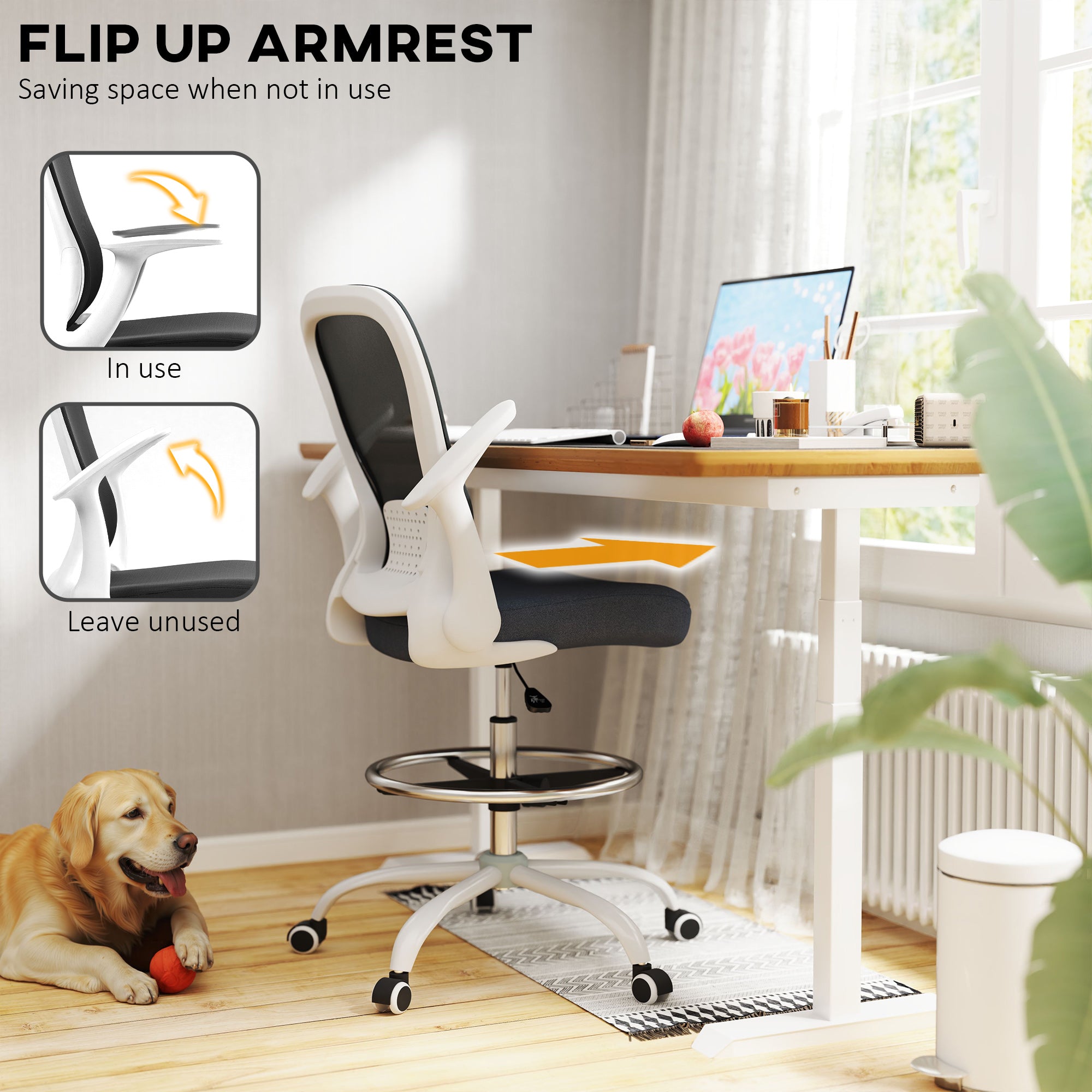 HOMCOM Draughtsman Chair, Mesh Drafting Chair, Ergonomic Office Chair with Flip-up Armrest, Adjustable Foot Ring, Black White - North Peak Garden Furniture