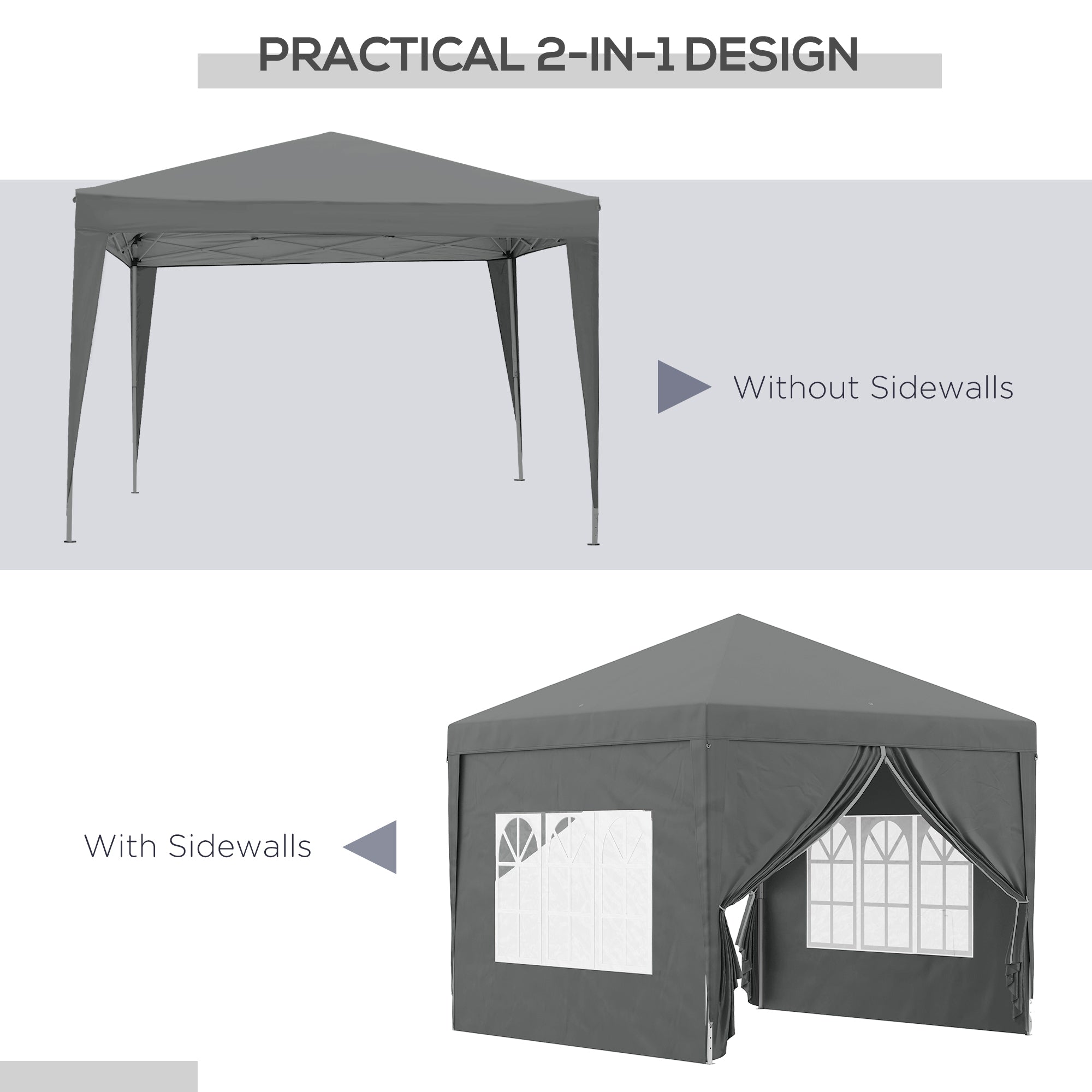 Outsunny 3 x 3 Meters Pop Up Water Resistant Gazebo Wedding Camping Party Tent Canopy Marquee with Carry Bag and 2 Windows, Grey