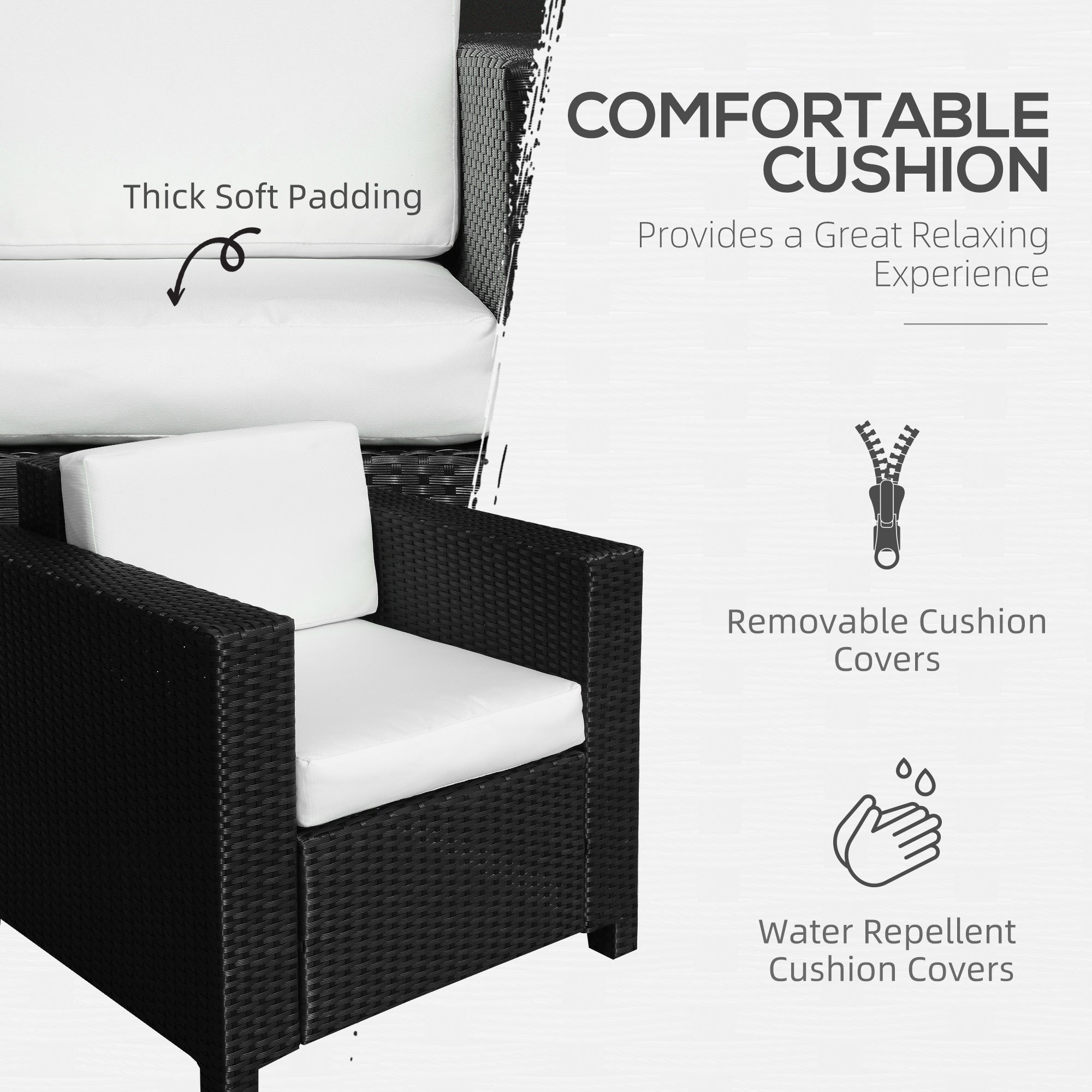 Outsunny Single Seater Rattan Chair Sofa with 10 cm Thick Padded Cushion, All-Weather PE Wicker Weave Garden Armchair with Armrests, Black - North Peak Garden Furniture
