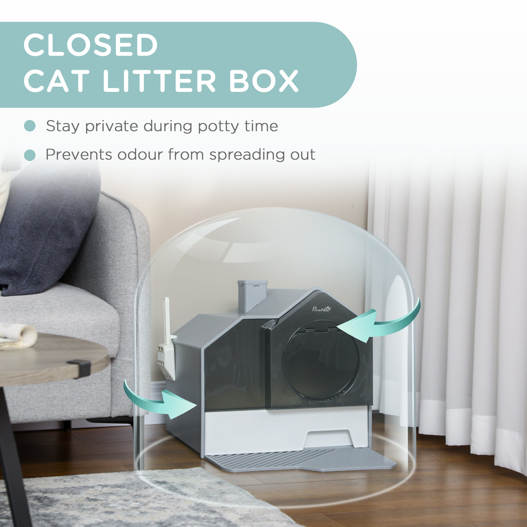 PawHut Hooded Cat Litter Tray with Scoop, Cat Litter Box with Drawer Pan, Handle, Deodorants, Hut Design, Front Entrance, 47 x 45 x 42cm - Grey - North Peak Garden Furniture