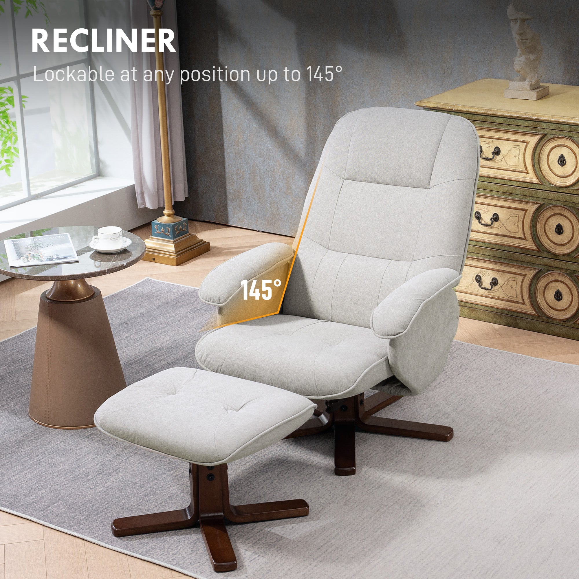 HOMCOM Linen Swivel Recliner Chair with Footstool, Upholstered Reclining Armchair with Wooden Base for Living Room, Light Grey - North Peak Garden Furniture