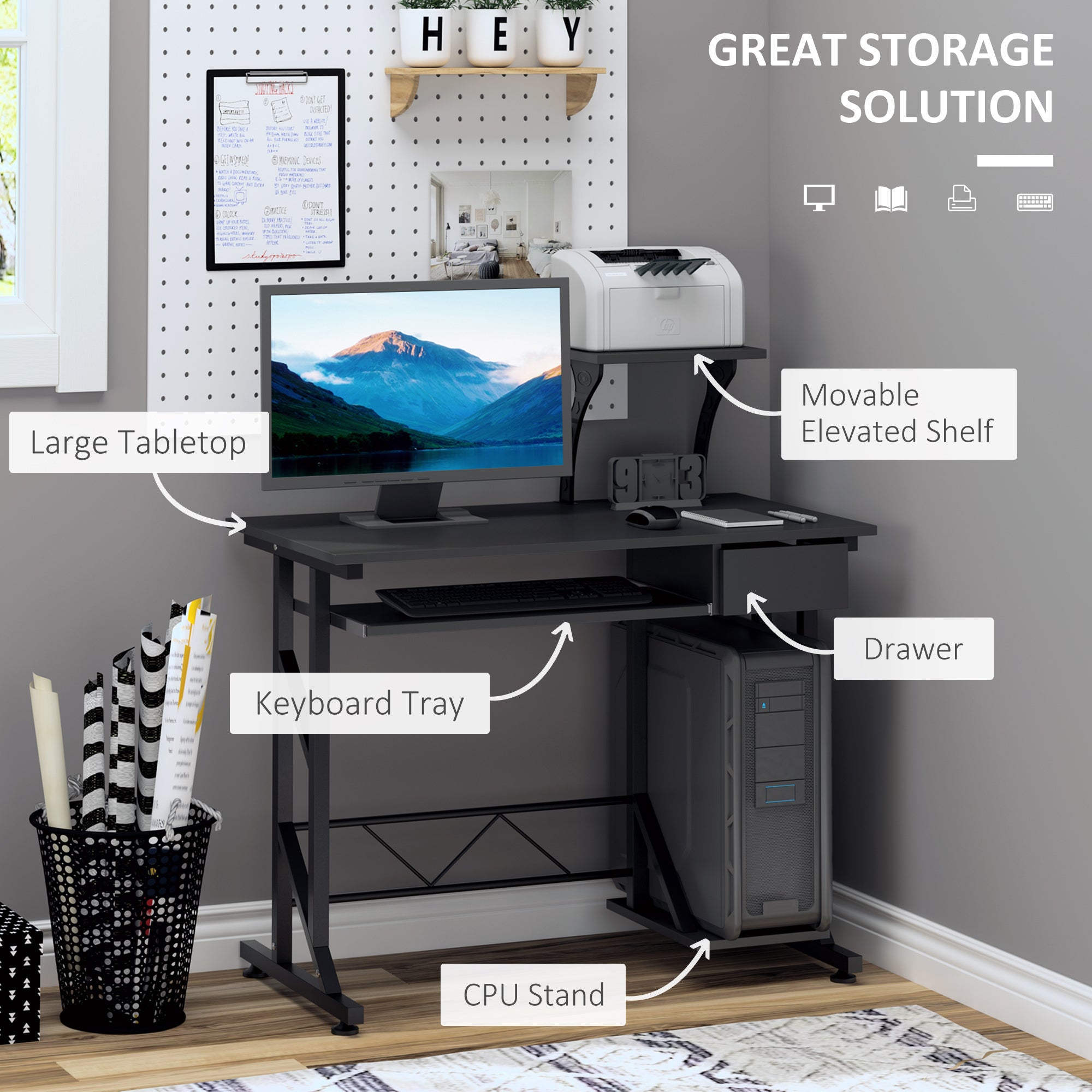 HOMCOM Computer Desk with Display Stand, Sliding Keyboard Tray Drawer and Host Box Shelf Home Office Workstation Black - North Peak Garden Furniture