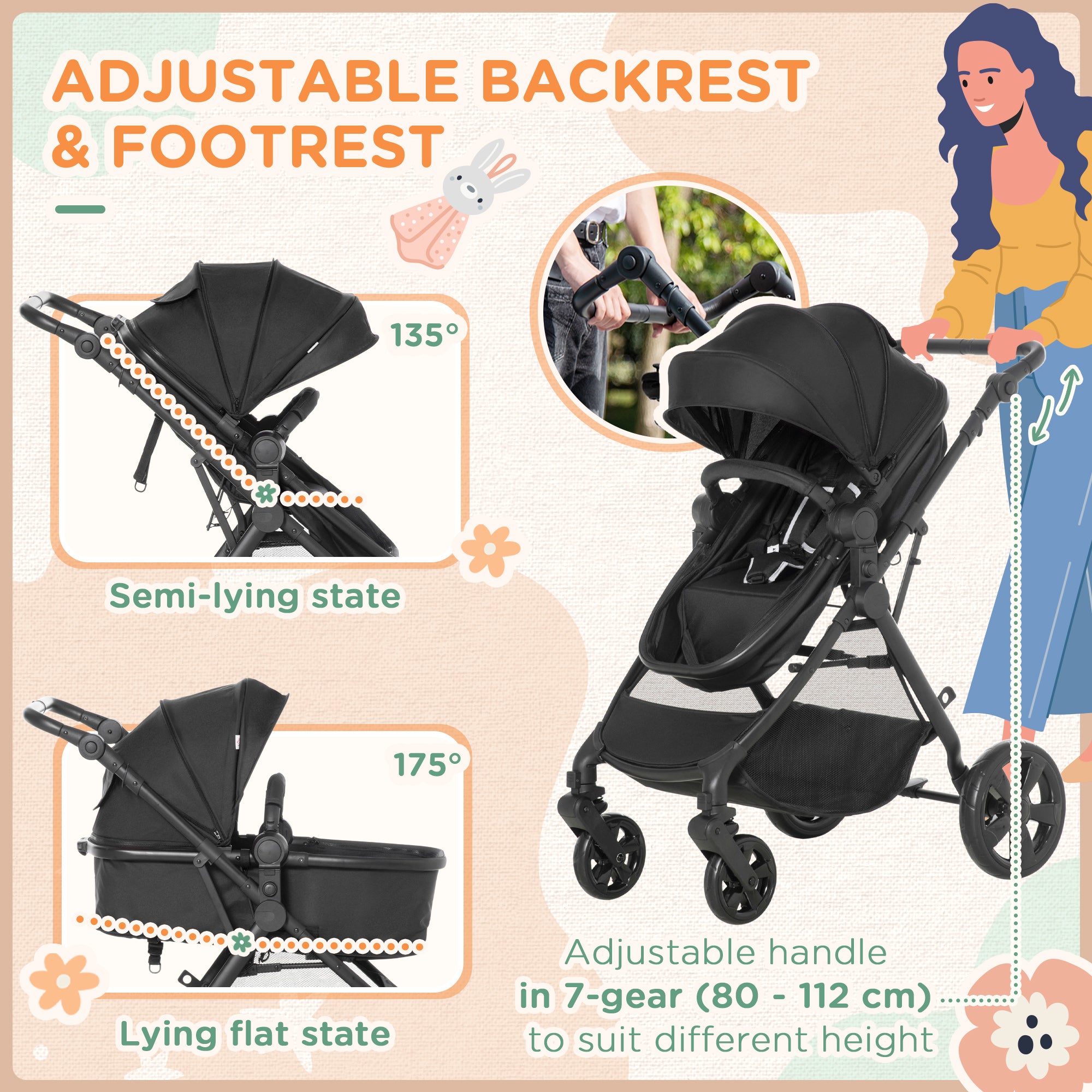 HOMCOM Foldable Baby Stoller, with Reclining Backrest, Adjustable Canopy, for Ages 0-36 Months - Black - North Peak Garden Furniture