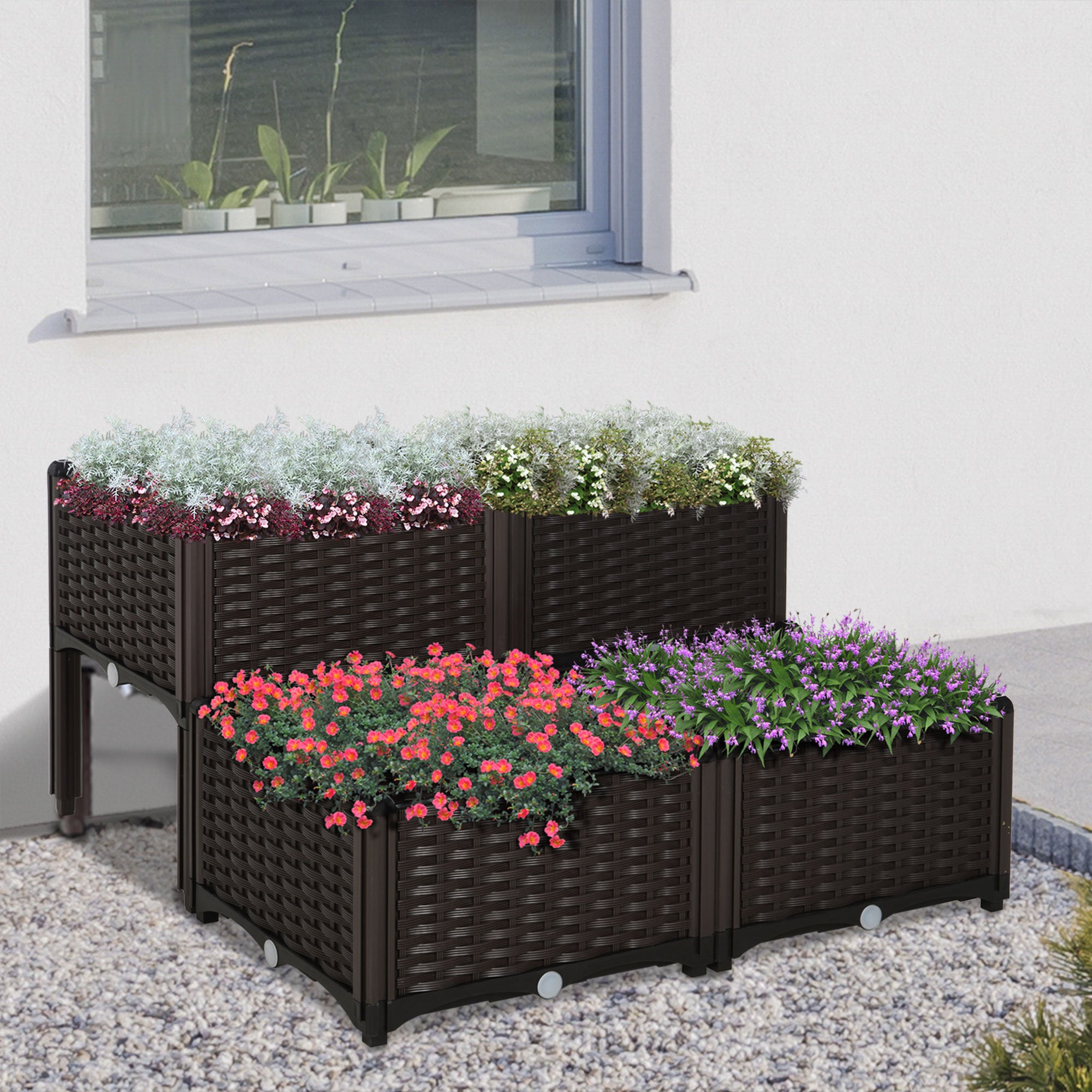 Outsunny Set of 4 26L Garden Raised Bed Elevated Patio Flower Plant Planter Box PP Vegetables Planting Container, Brown - North Peak Garden Furniture
