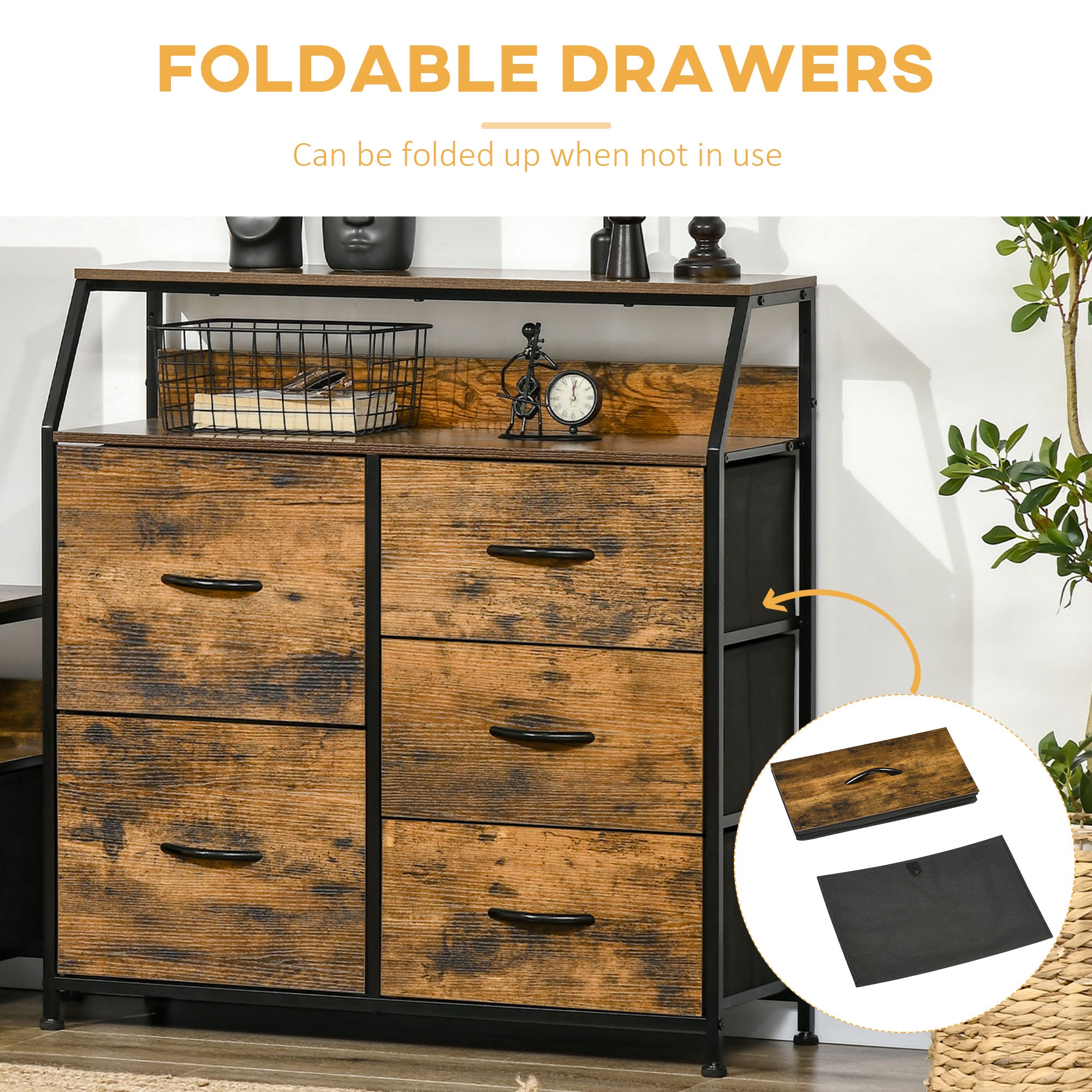 HOMCOM Bedroom Chest of Drawers, Industrial 5 Fabric Drawer Dresser with Open Shelf for Living Room, Rustic Brown - North Peak Garden Furniture