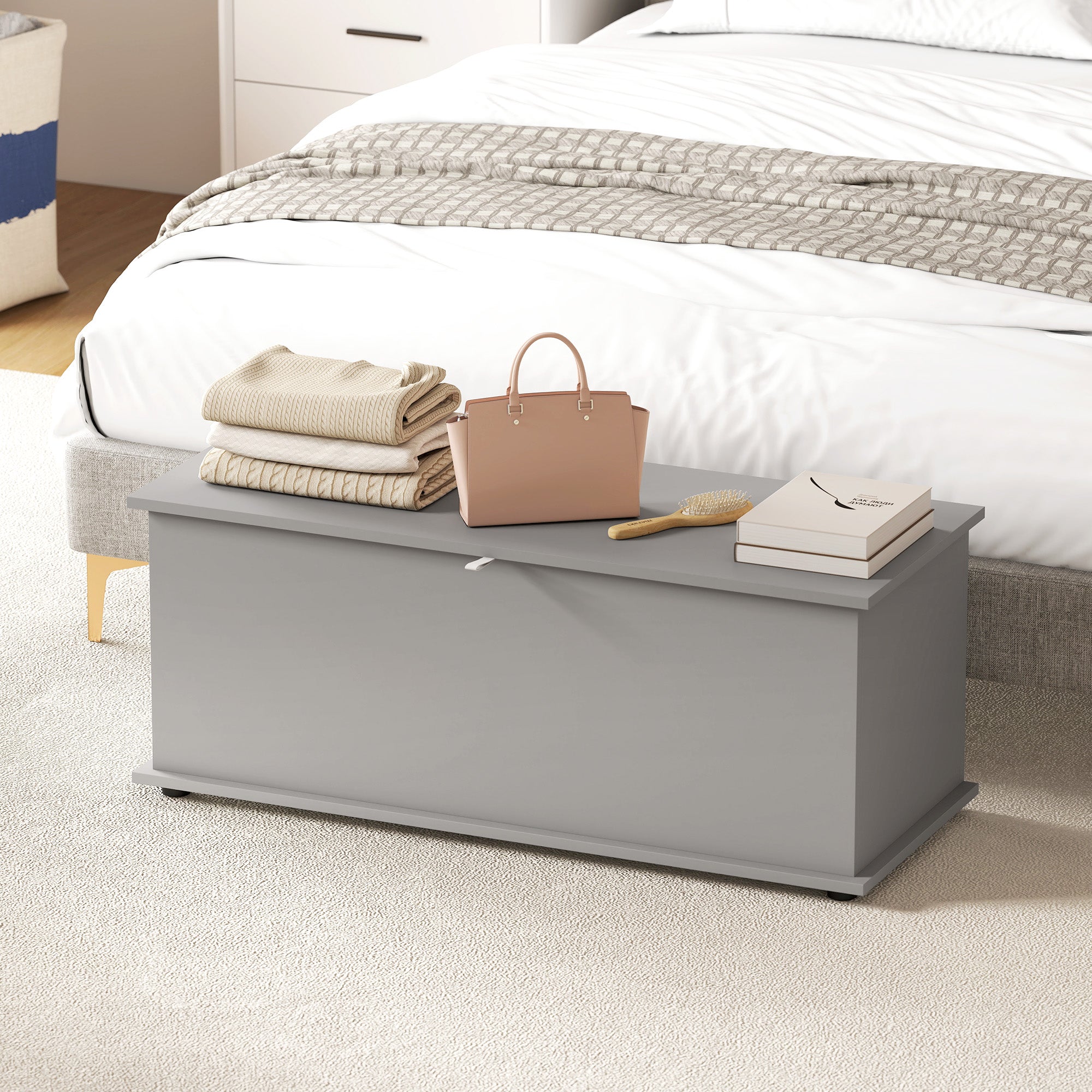 HOMCOM 113L Storage Chest, Storage Box with Flip-Top Lid and 2 Safety Hinges, Storage Trunk for Living Room, Entryway, 100 x 40 x 40 cm, Grey