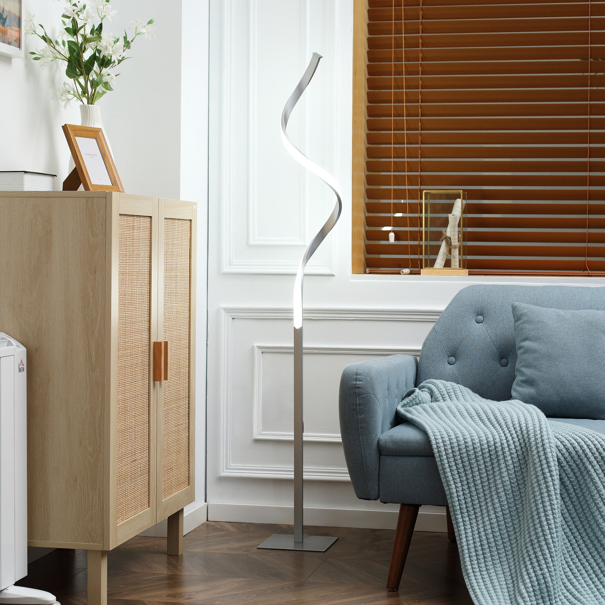 HOMCOM Dimmable Floor Lamp for Living Room, Modern Spiral Standing Lamp with 3 Adjustable Brightness and Square Base, Silver - North Peak Garden Furniture
