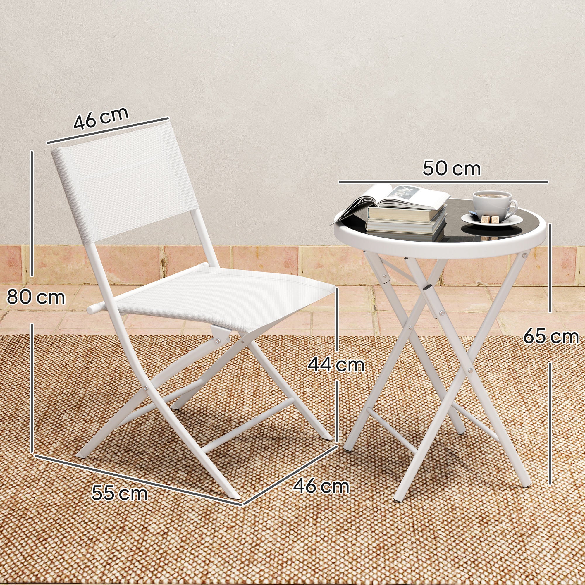 Outsunny 3 Pieces Outdoor Bistro Set, Glass Top Outdoor Table and 2 Folding Chairs with Protecting Feet, White - North Peak Garden Furniture