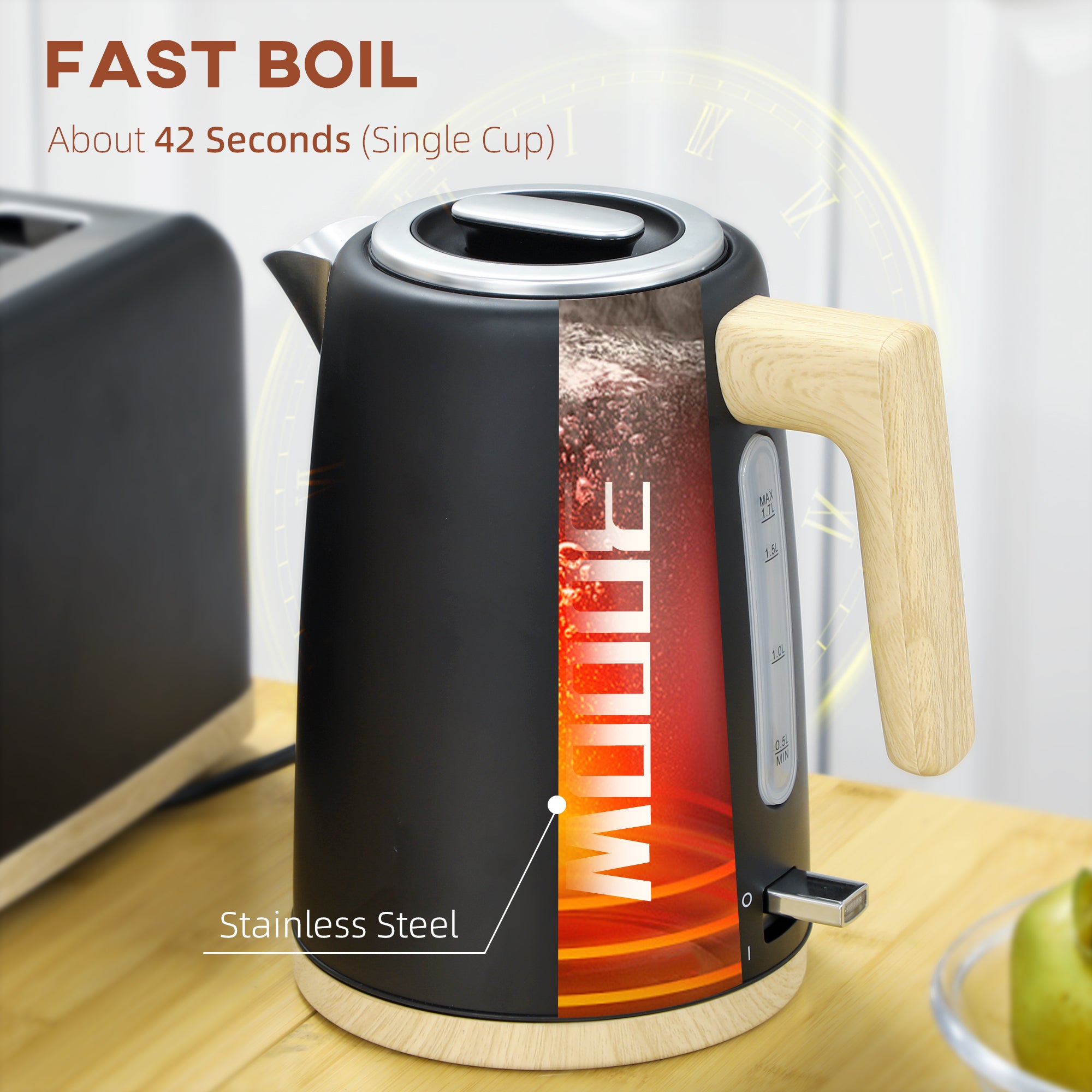HOMCOM Kettle and Toaster Set, 1.7L 3000W Fast Boil Kettle & 2 Slice Toaster Kitchen Set with 7 Level Browning Controls, Defrost, Reheat, Auto Off, Boil-dry Protection, Black - North Peak Garden Furniture