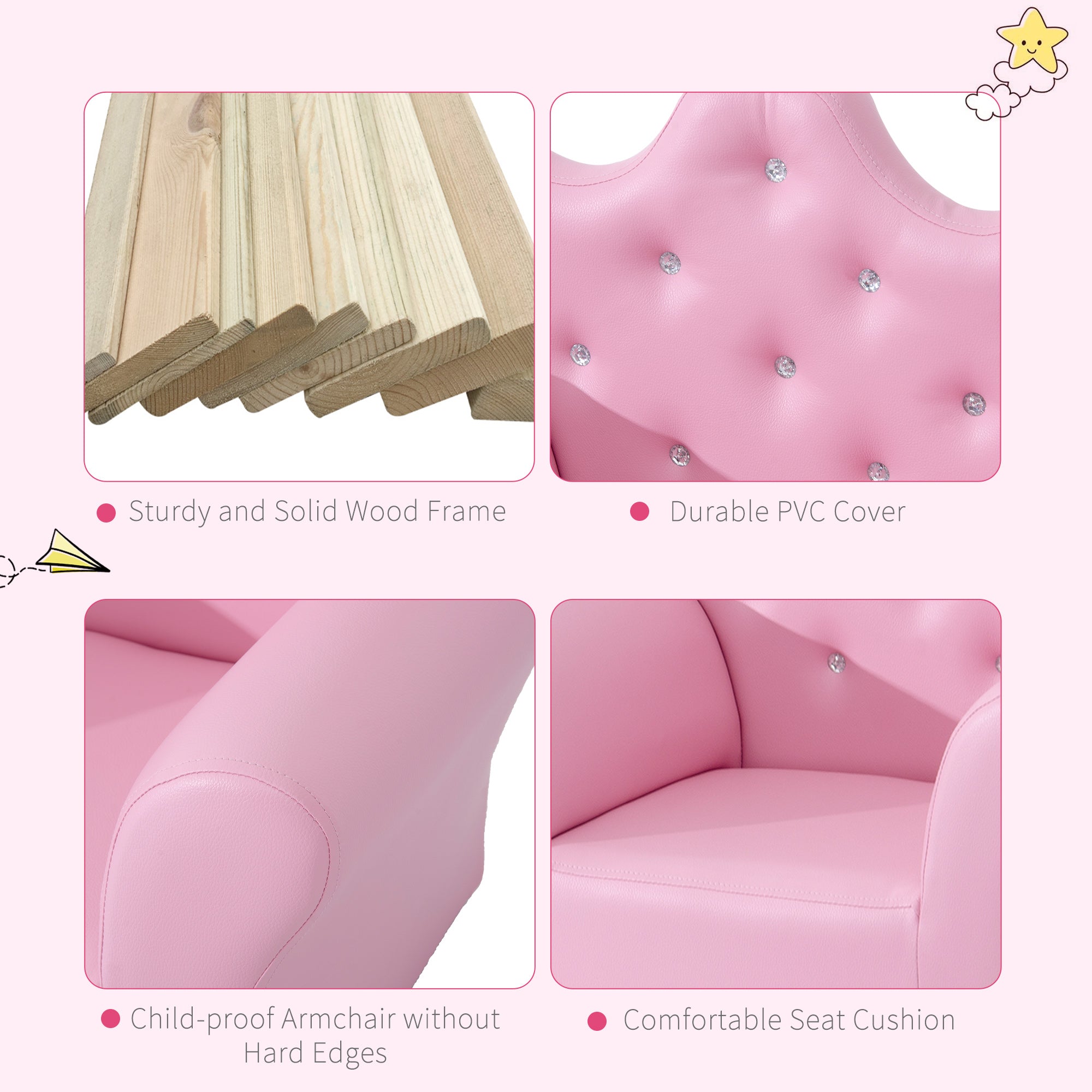 HOMCOM Children Kids Sofa Set Armchair Chair Seat with Free Footstool PU Leather for Girls 58L x 40.5W x 49H cm Pink - North Peak Garden Furniture
