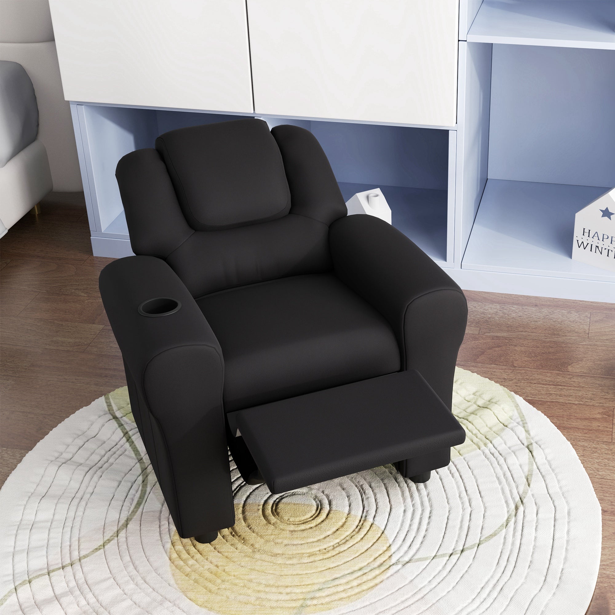 HOMCOM Kids Recliner Chair, PU Leather with Adjustable Backrest, Footrest, Padded Headrest, Black - North Peak Garden Furniture
