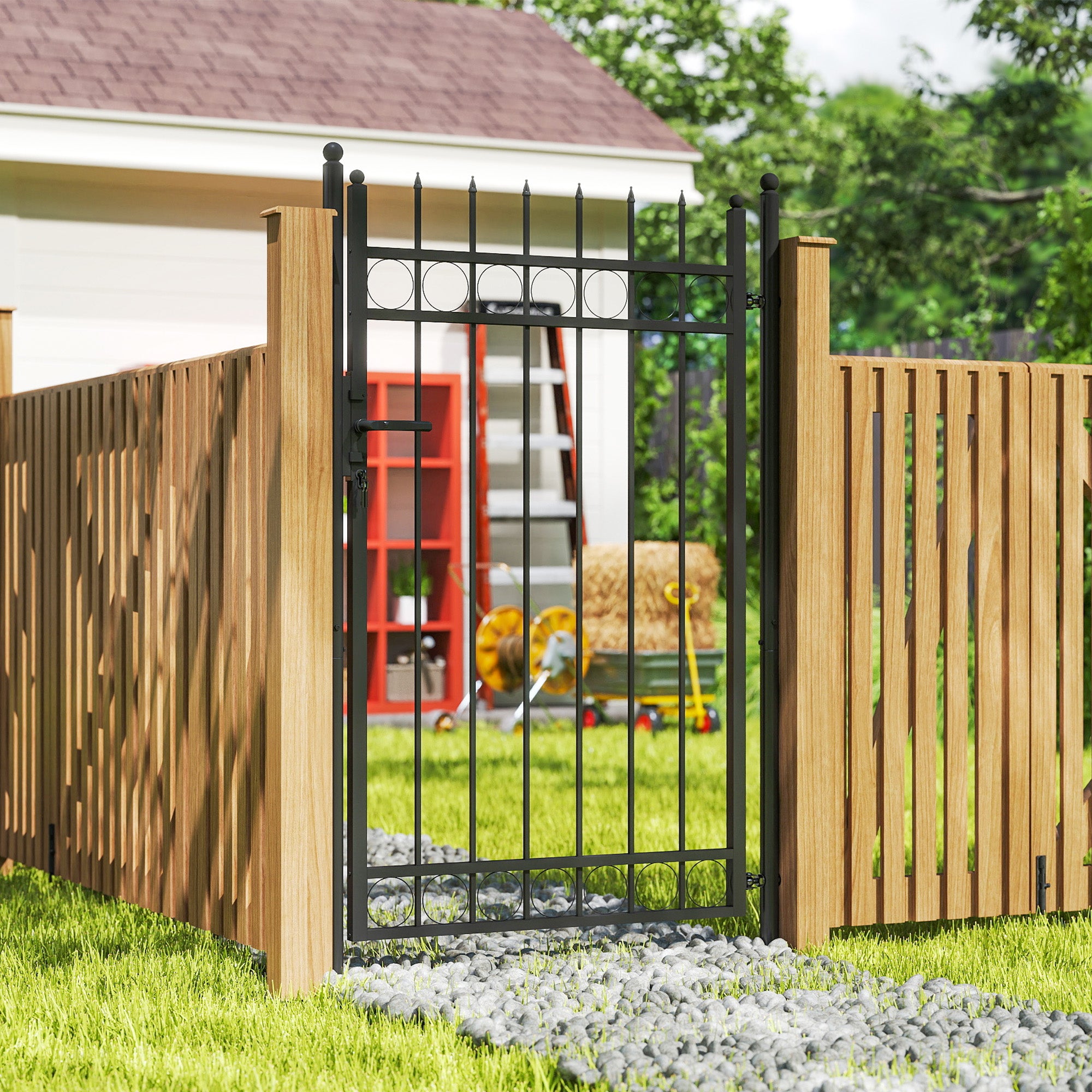 Outsunny Galvanised Steel Garden Gate, Outdoor Fence Gate Security Barrier with Lock, Keys and Handle, Outdoor Entrance Way Door with Classic Finials, 105 x 204 cm, Black - North Peak Garden Furniture