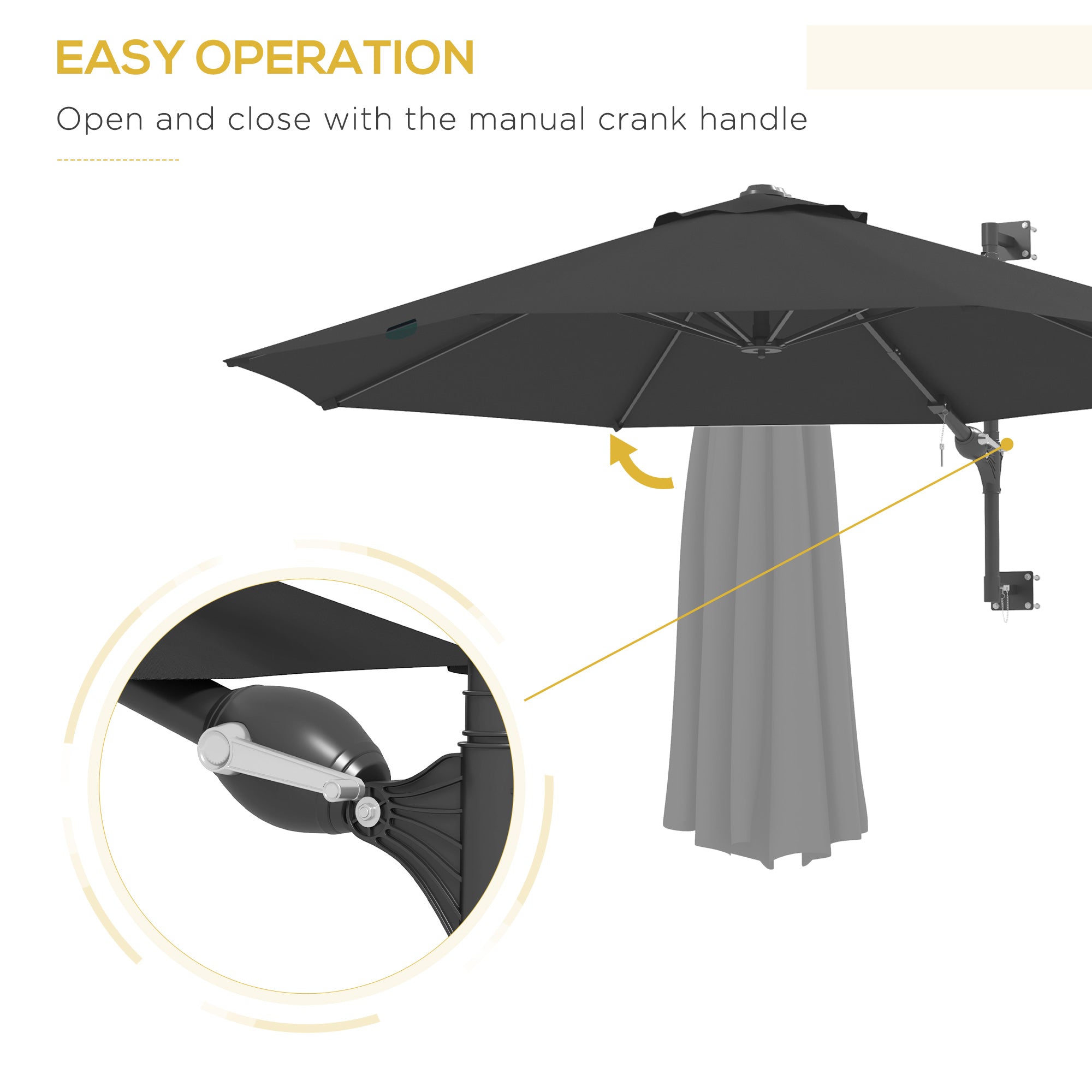 Outsunny 3m Wall-Mounted Parasol Shade, with Handle - Grey - North Peak Garden Furniture