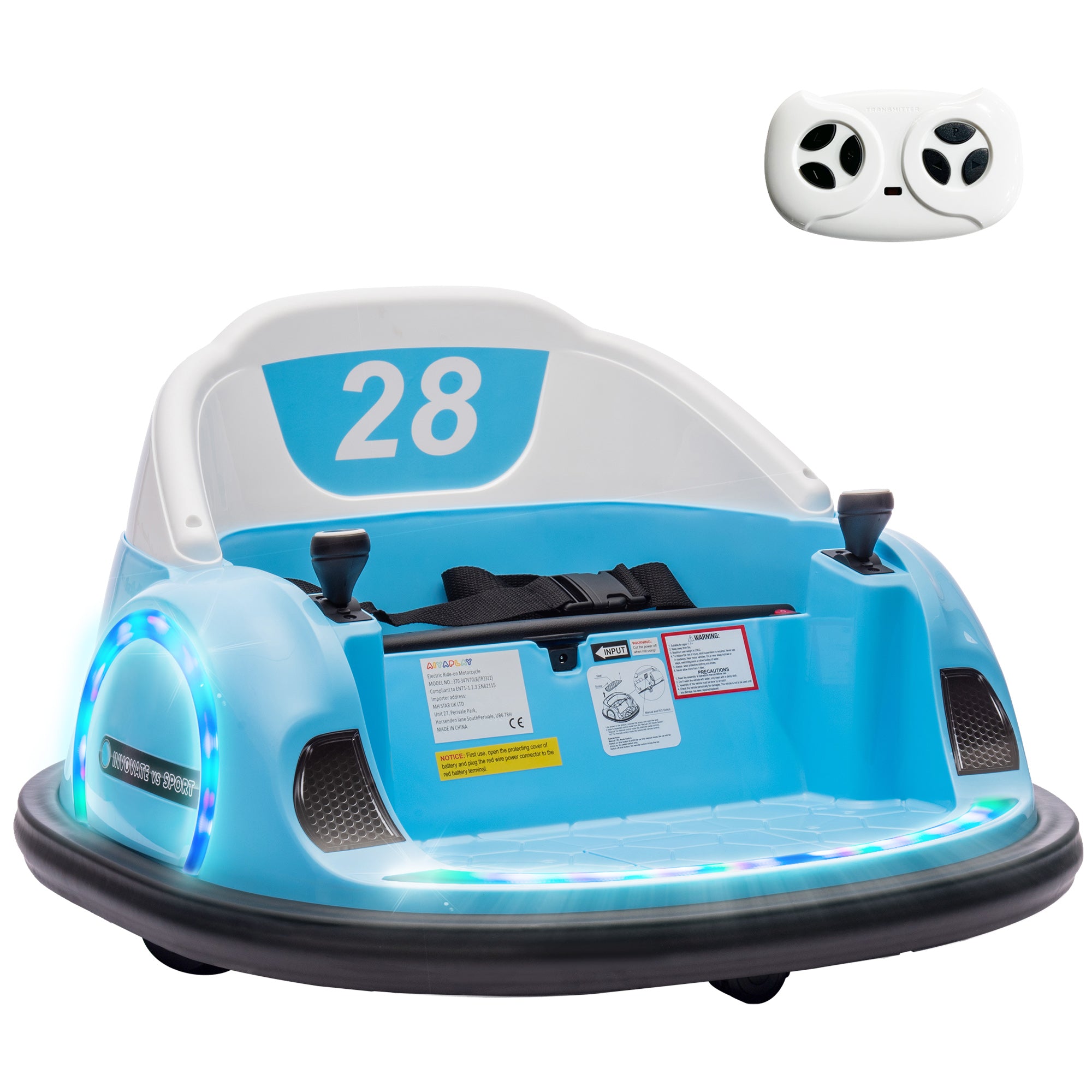 AIYAPLAY 360° Rotation Kids Bumper Car, 12V Waltz Car with Remote Control, Dual Joystick, Music, Lights, Light Blue - North Peak Garden Furniture