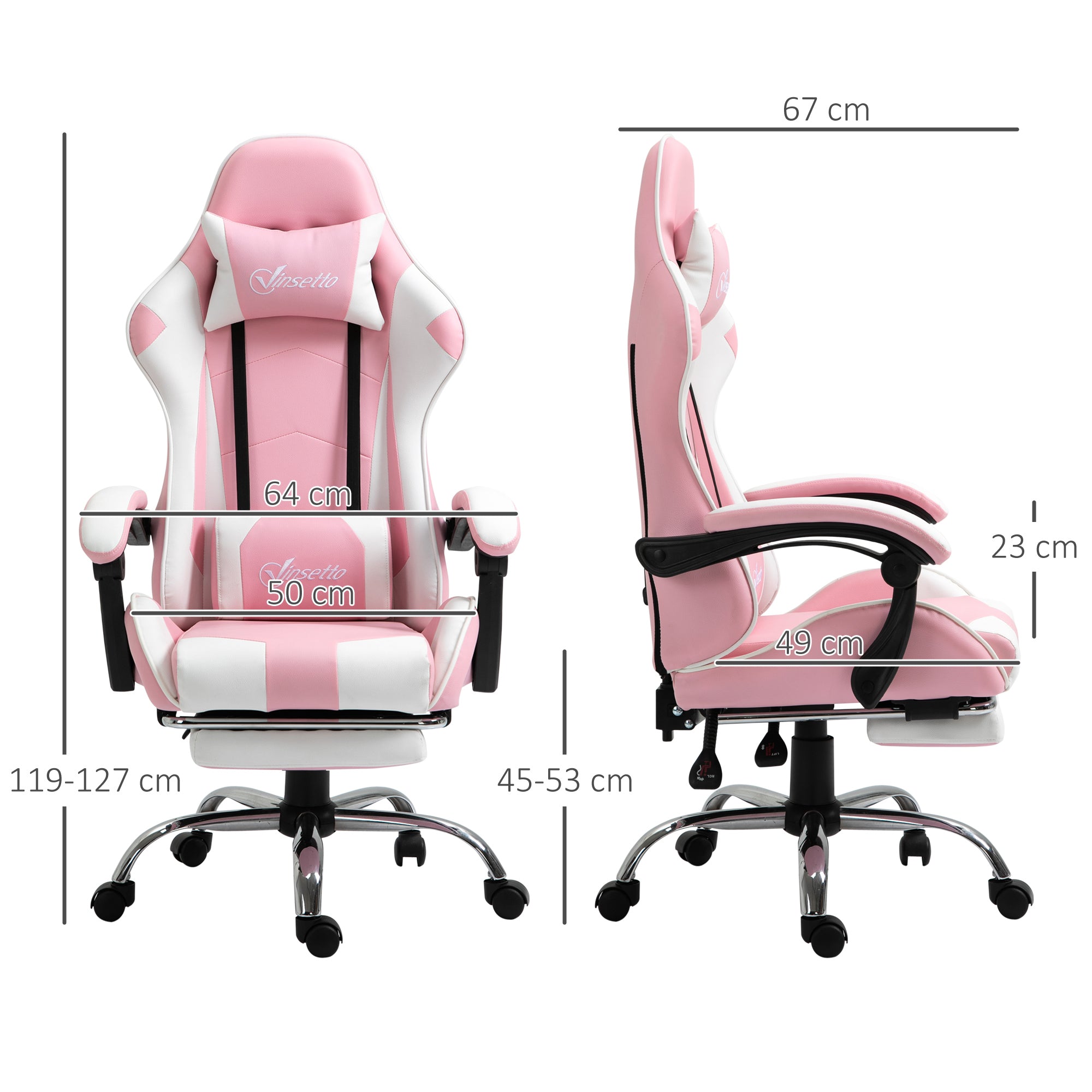 Vinsetto Pink Computer Gaming Chair, Desk Chair with 135° Reclining Back and Retractable Footrest, Adjustable PU Leather Lumbar Support and Headrest, Steel Base for Adults, Girls - North Peak Garden Furniture