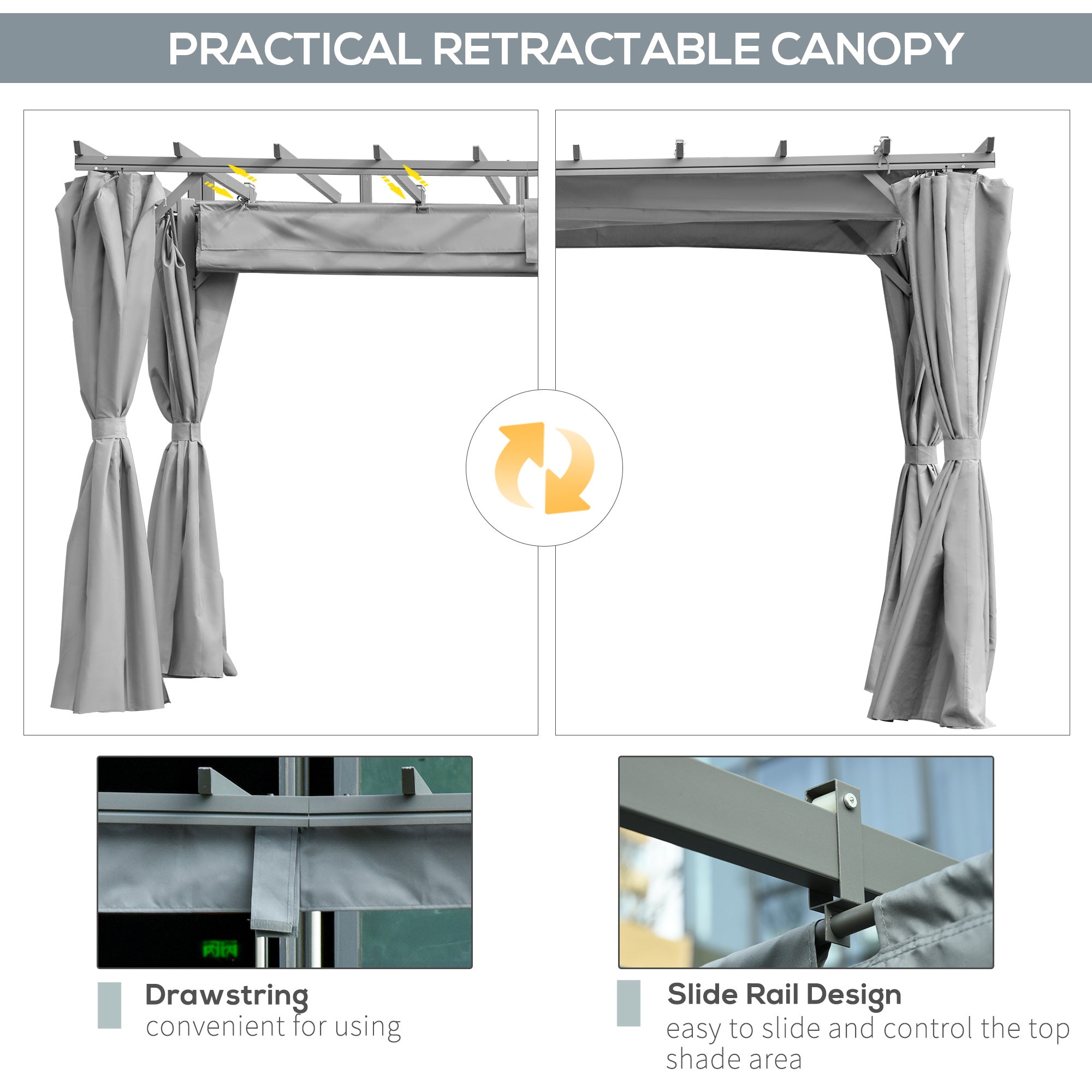 Outsunny 3.6 x 3(m) Outdoor Pergola with Retractable Roof and Curtains, Garden Gazebo Canopy Sun Shade Shelter with Aluminum Frame, Dark Grey - North Peak Garden Furniture