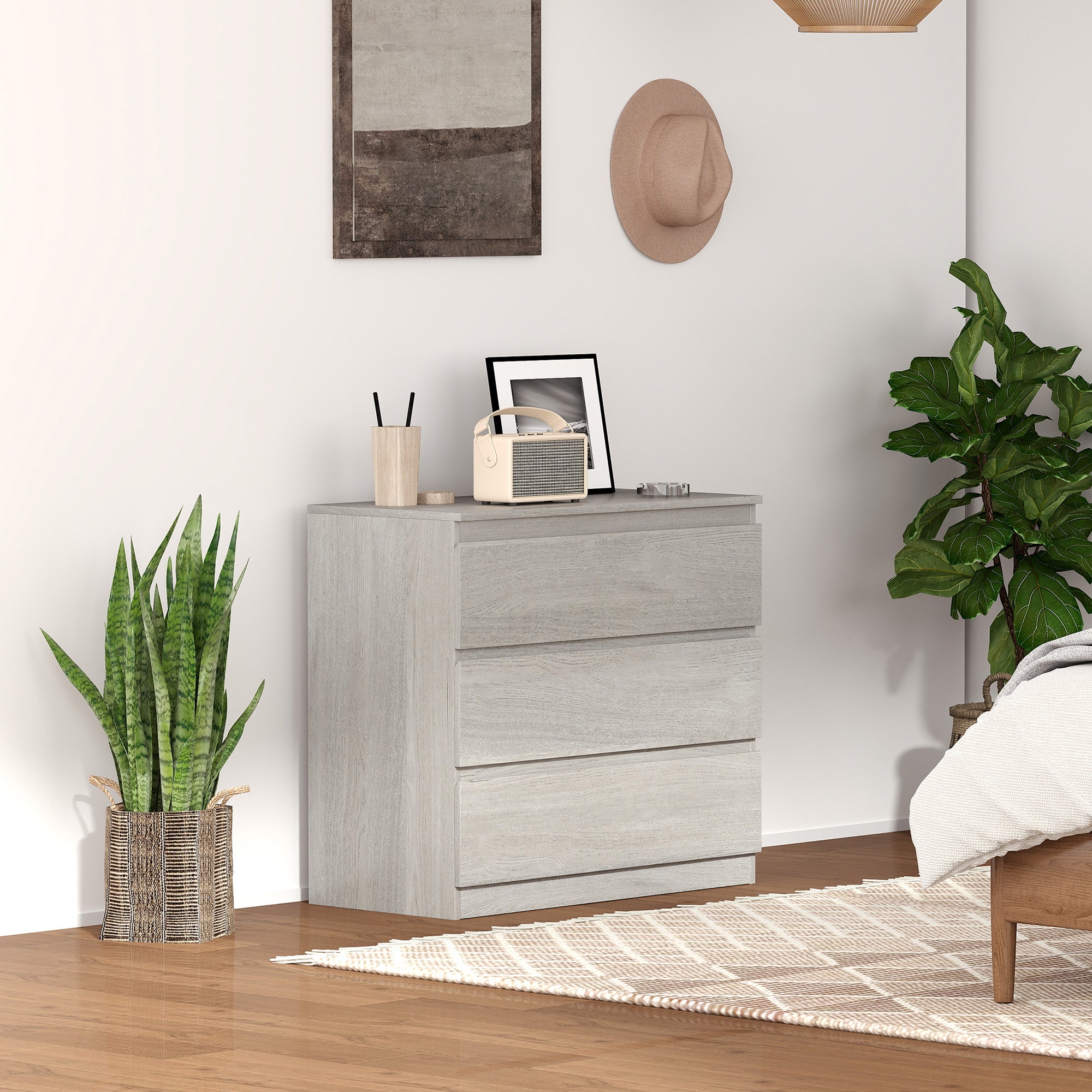 HOMCOM Chest of Three Drawers - Grey Wood Effect - North Peak Garden Furniture