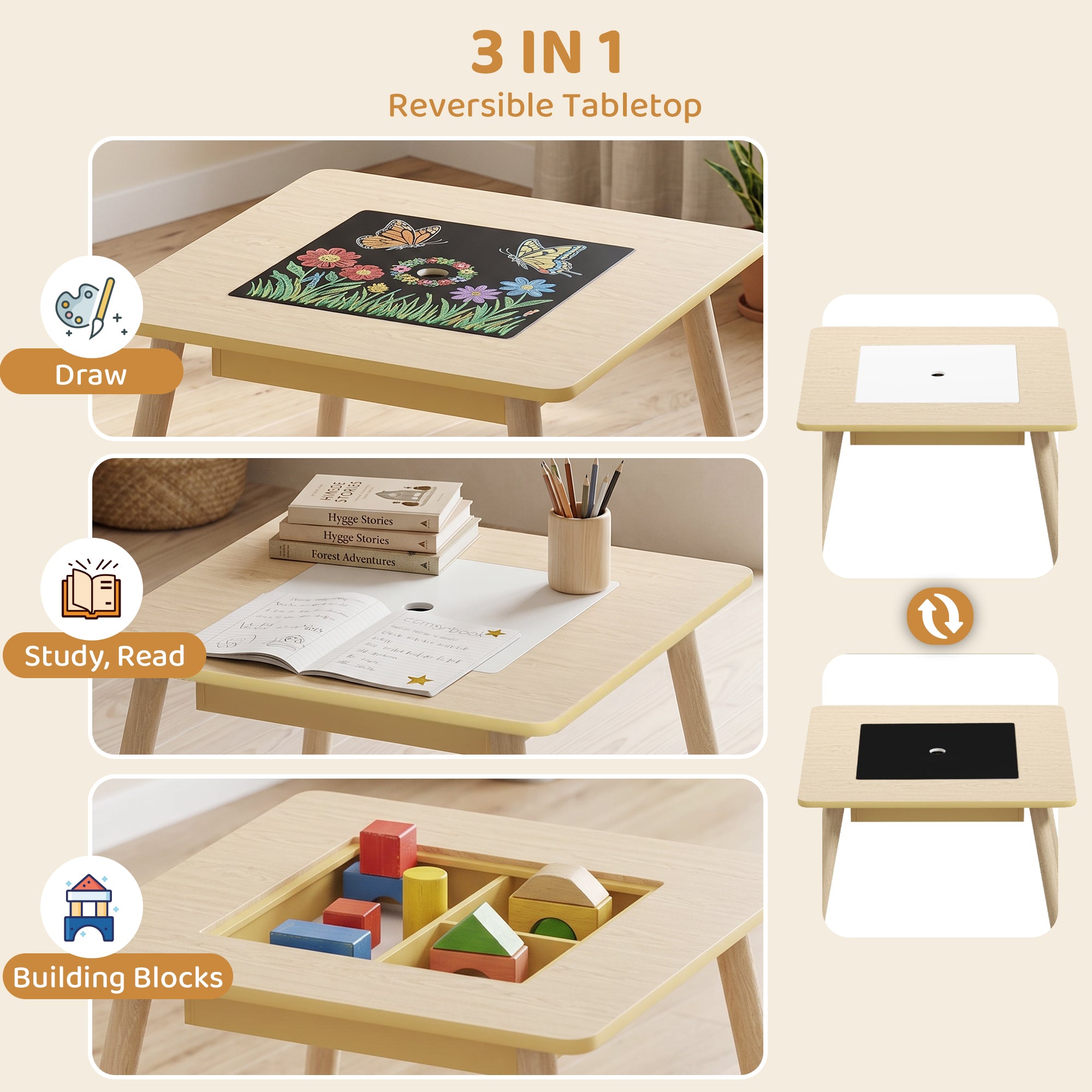 AIYAPLAY 3-Piece Kids Table and Chairs Set with Convertible Desk and Storage Grid, Kids Activity Table for Nursery, Playroom