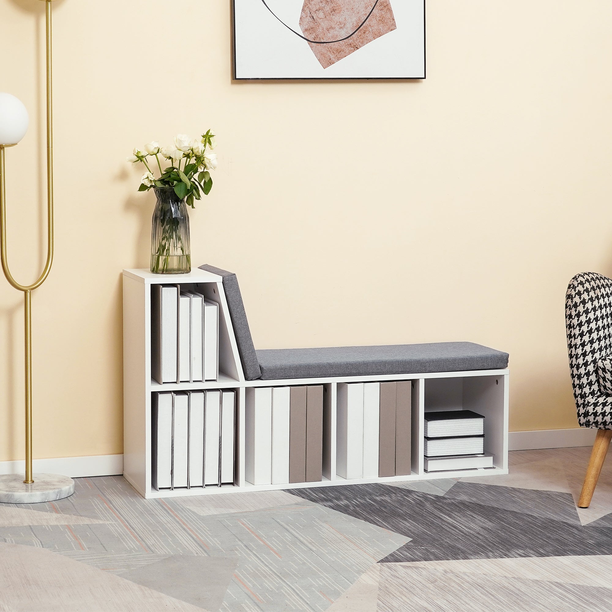 HOMCOM Bookcase Storage Shelf with Cushioned Reading Seat, Bookshelf Storage Cabinet for Study Living Room, White - North Peak Garden Furniture