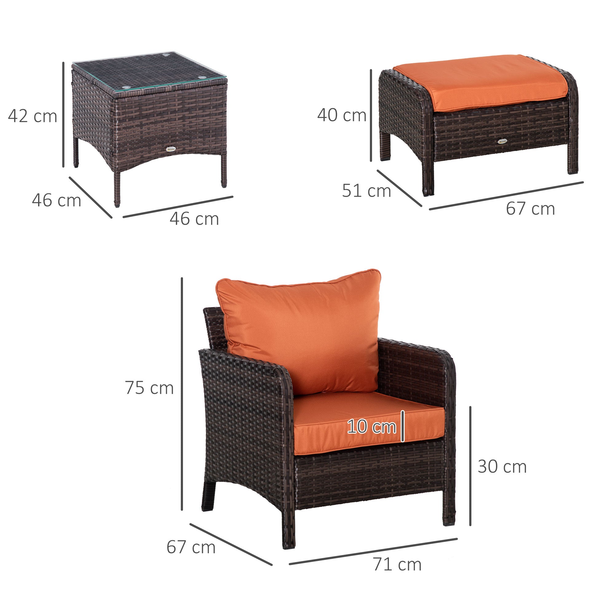 Outsunny 5 Pieces PE Rattan Garden Furniture Set with 10cm Thick Padded Cushions, Wicker Weave Outdoor Seating Chairs with 2 Armchairs, 2 Stools, Glass Top Table, Brown - North Peak Garden Furniture