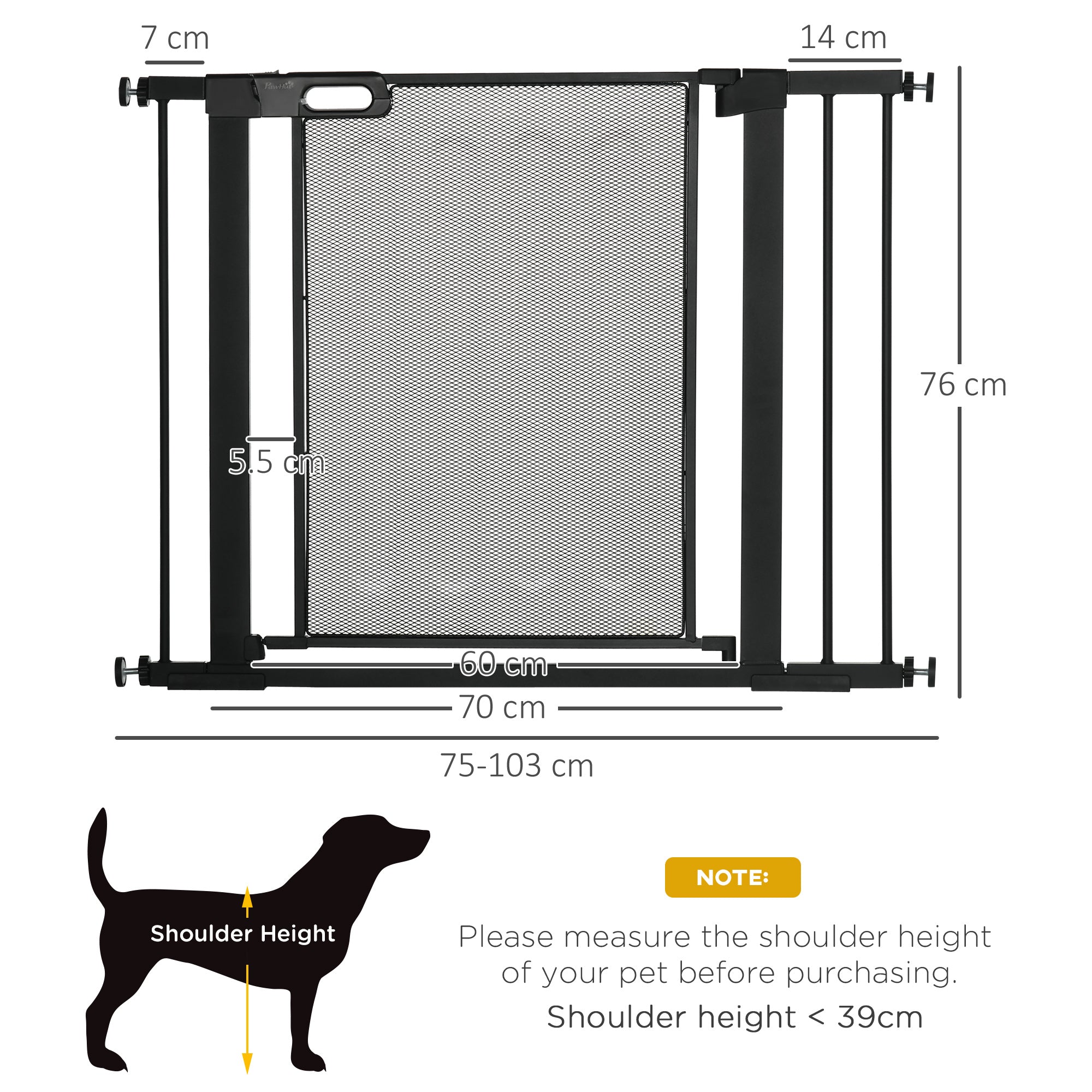 PawHut Pressure Fit Safety Gate, for Staircases, Hallways, Doorways w/ Extensions Kit, 75-103CM Adjustable Width - Black