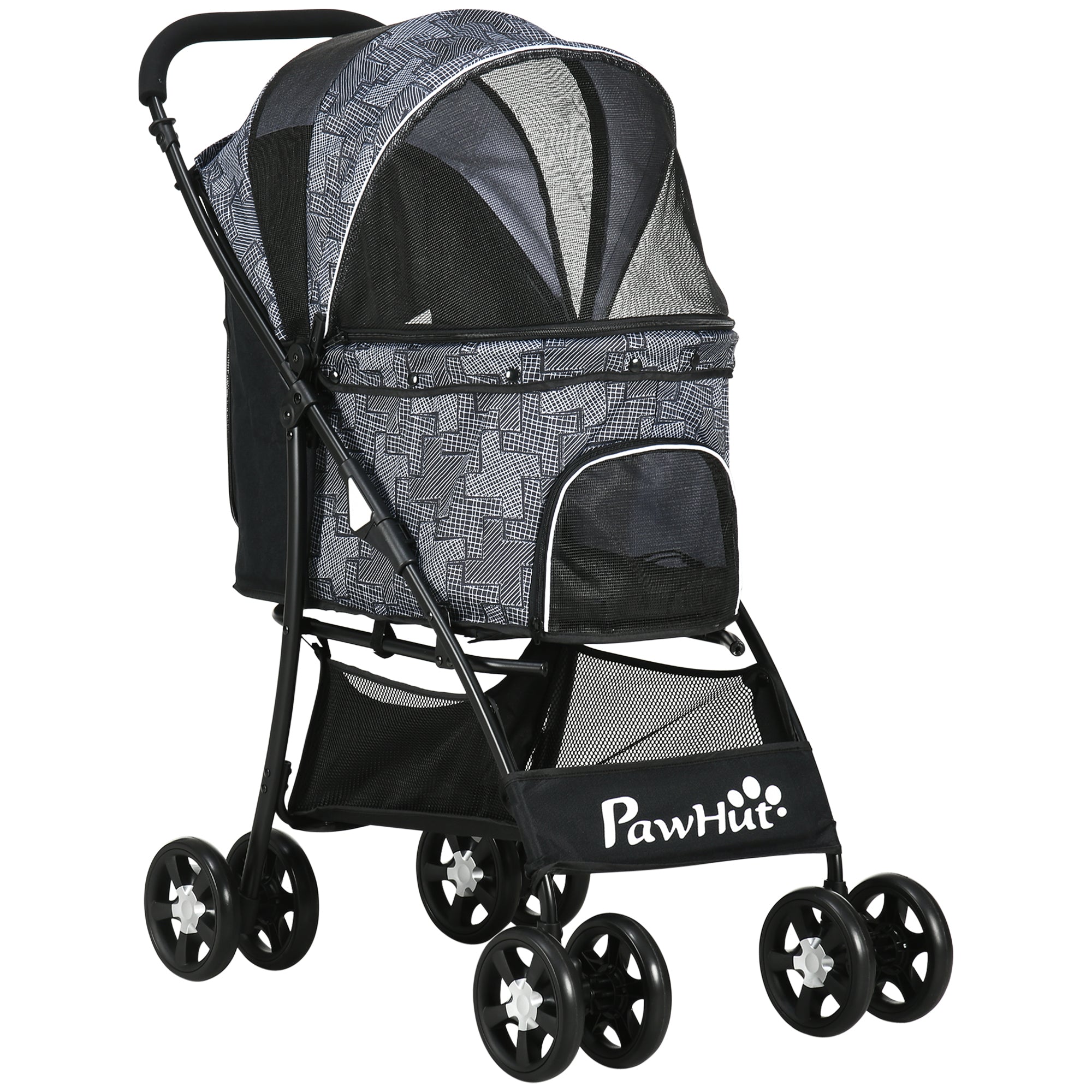 PawHut Foldable Pet Stroller for Dogs, Puppy Stroller, with Large Carriage, Brakes, Canopy - Grey - North Peak Garden Furniture