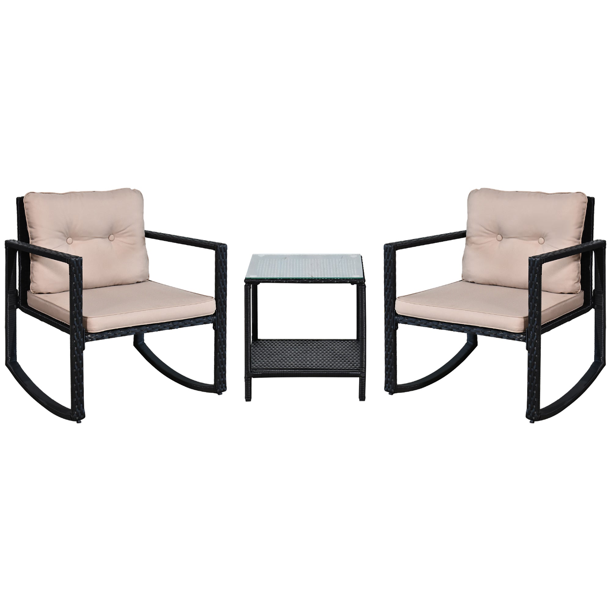 Outsunny 3 Pieces Rattan Garden Rocking Chair Set, Outdoor Rocking Bistro Set w/ 2 Cushioned Armchair and Glass Top Two-tier Coffee Table, Black - North Peak Garden Furniture