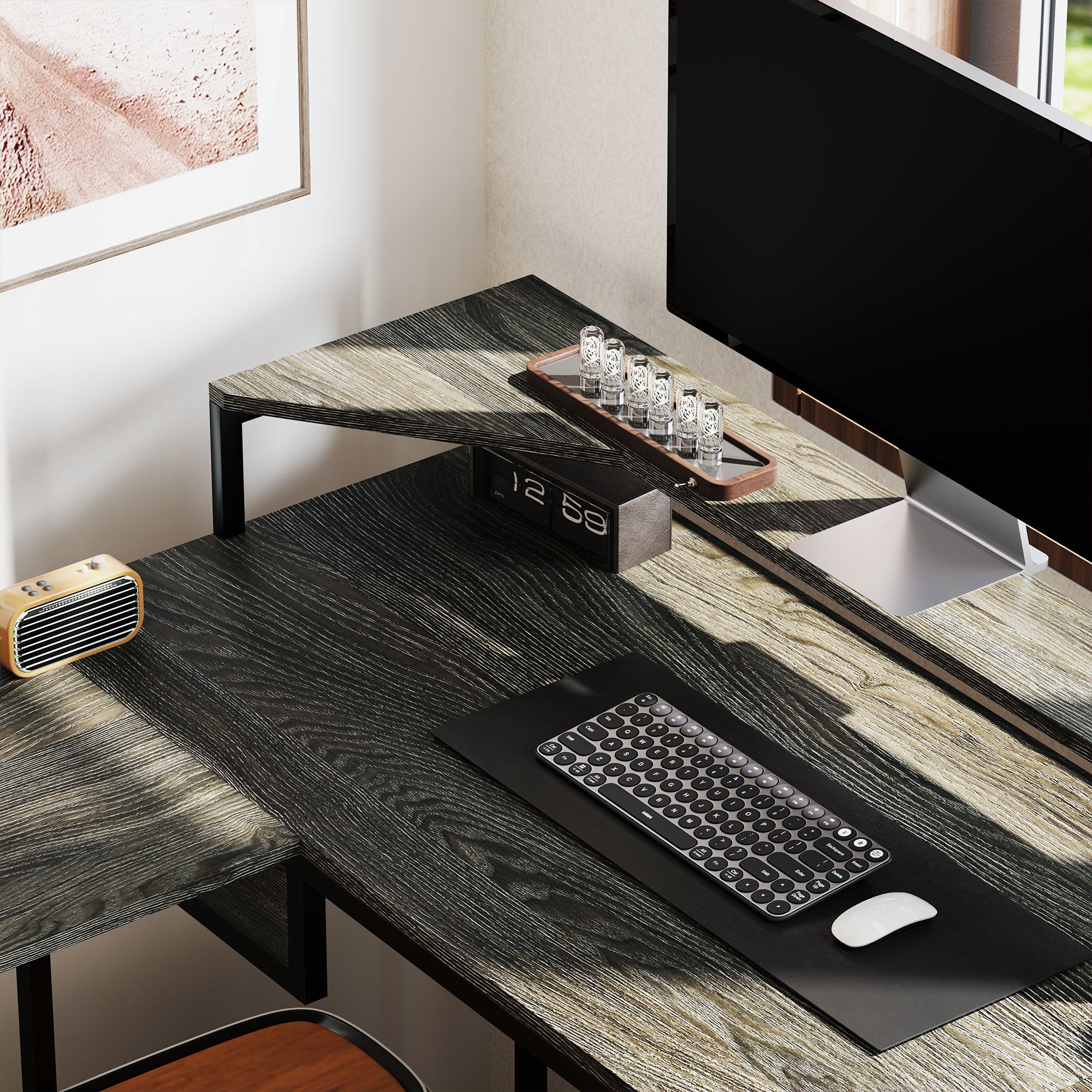 HOMCOM L Shaped Desk, Computer Desk with Liftable Desktop, Industrial Corner Desk with Drawer for A4/Letter Size, Home Office Desk with Monitor Stand for Home Office, Charcoal Grey - North Peak Garden Furniture