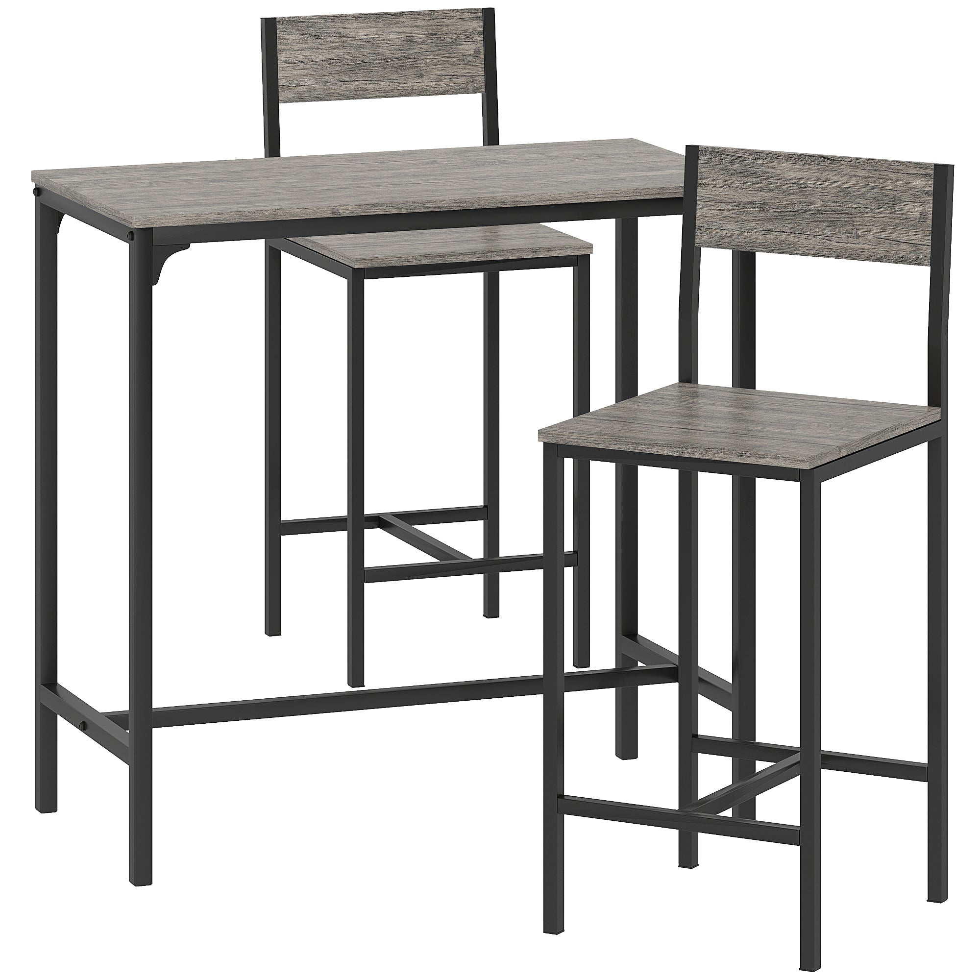 HOMCOM 3-Piece Bar Table Set with 2 Stools, Industrial Breakfast Bar Set with Footrest, Backrest for Dining Room, Small Space