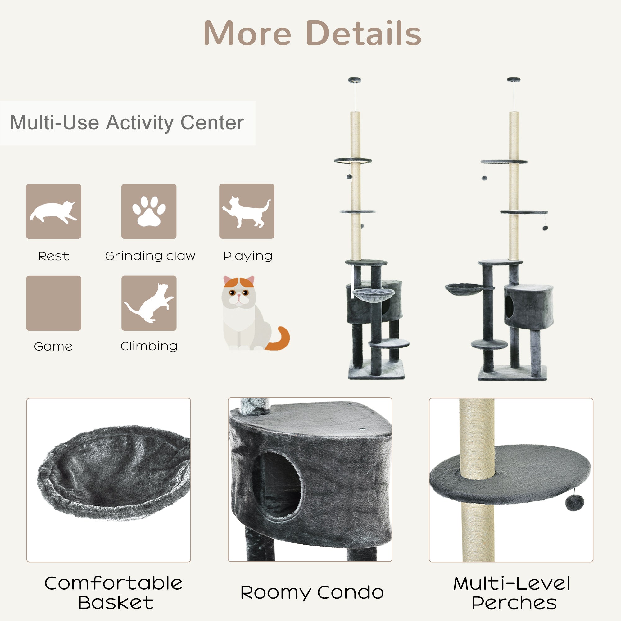 PawHut Floor to Ceiling Cat Tree for Indoor Cats Play Tower Climbing Activity Center Scratching Post Platforms Condo Adjustable Height 220-265cm Dark Grey