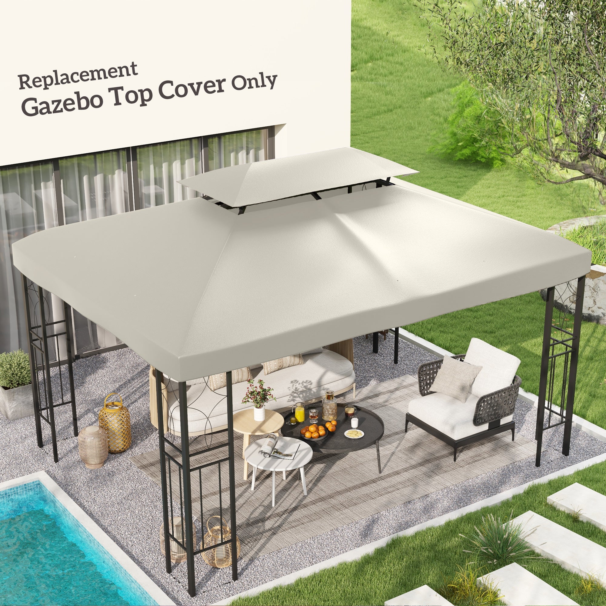 Outsunny 3x4m Gazebo Replacement Roof Canopy 2 Tier Top UV Cover Garden Patio Outdoor Sun Awning Shelters Cream (TOP ONLY)